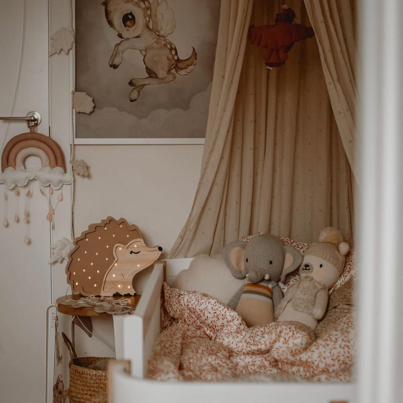 Little Lights Hedgehog brown night light glowing in the kid's room