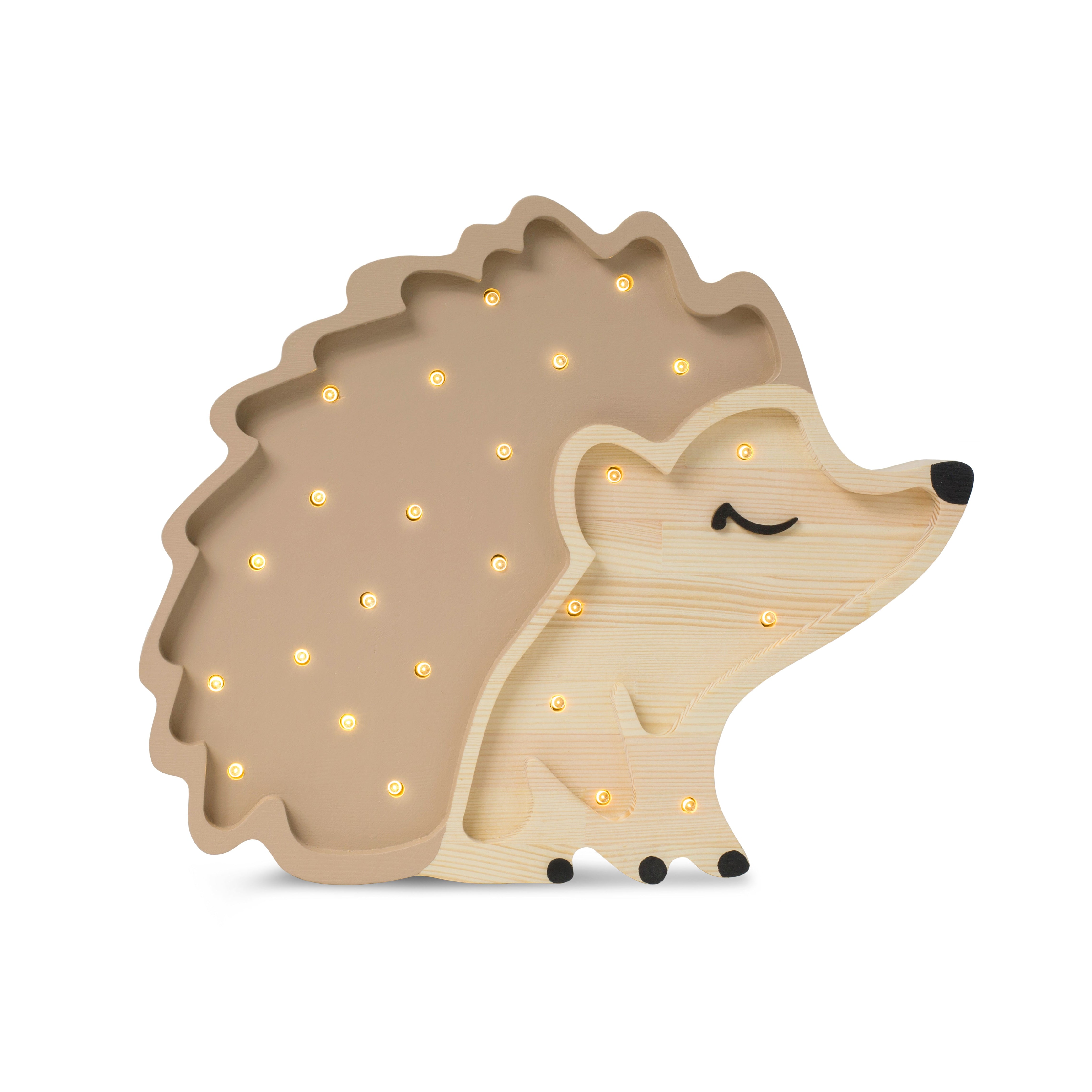 Little Lights Hedgehog Lamp in Autumn Brown – handmade wooden nursery lamp, dimmable and remote-controlled