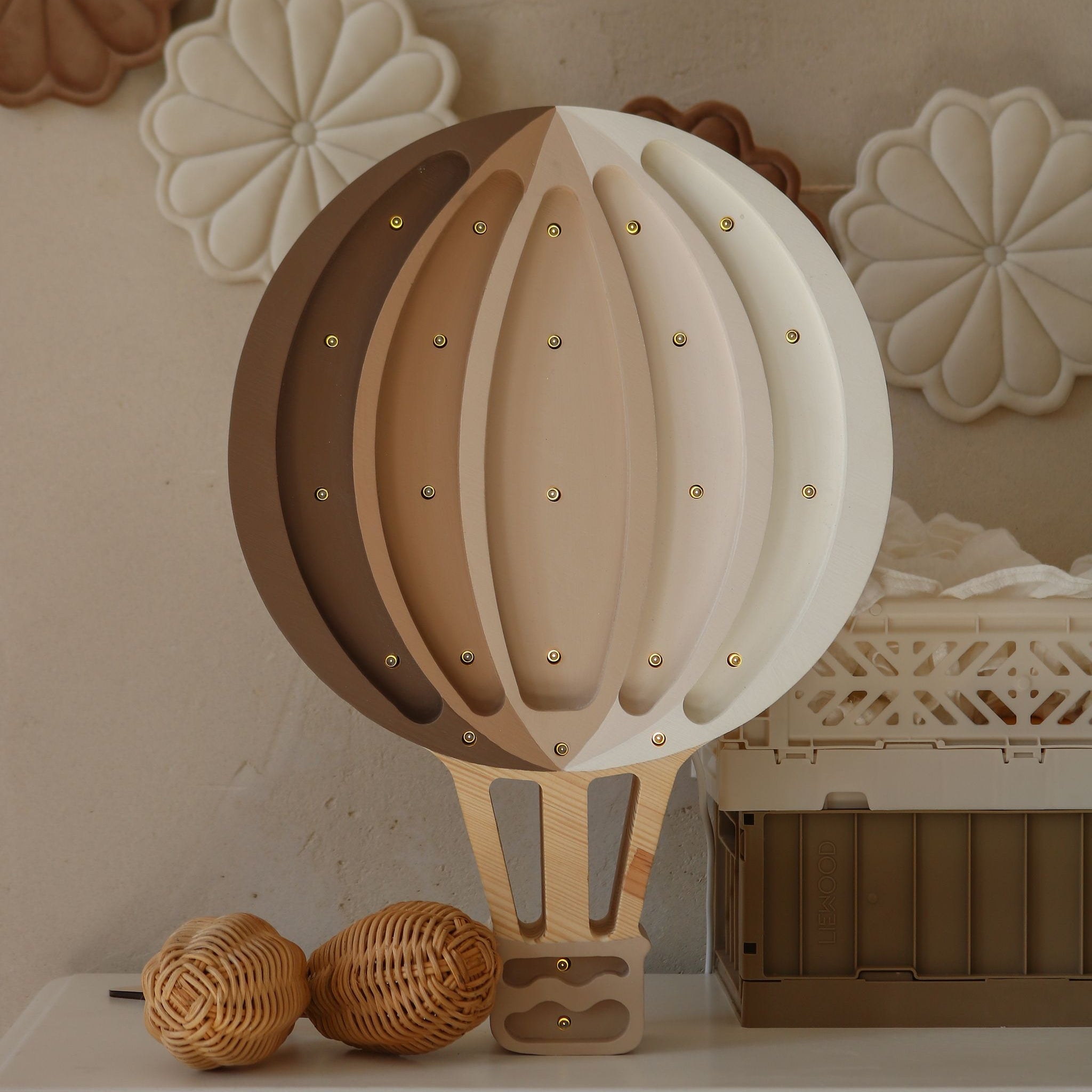 Little Lights Hot Air Balloon LED night light in a baby nursery on a dresser