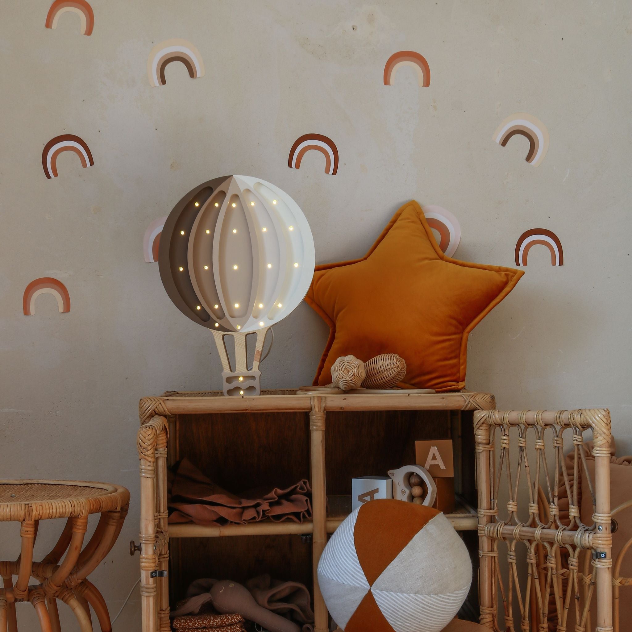 Little Lights Hot Air Balloon lamp on a dresser in a kid's room
