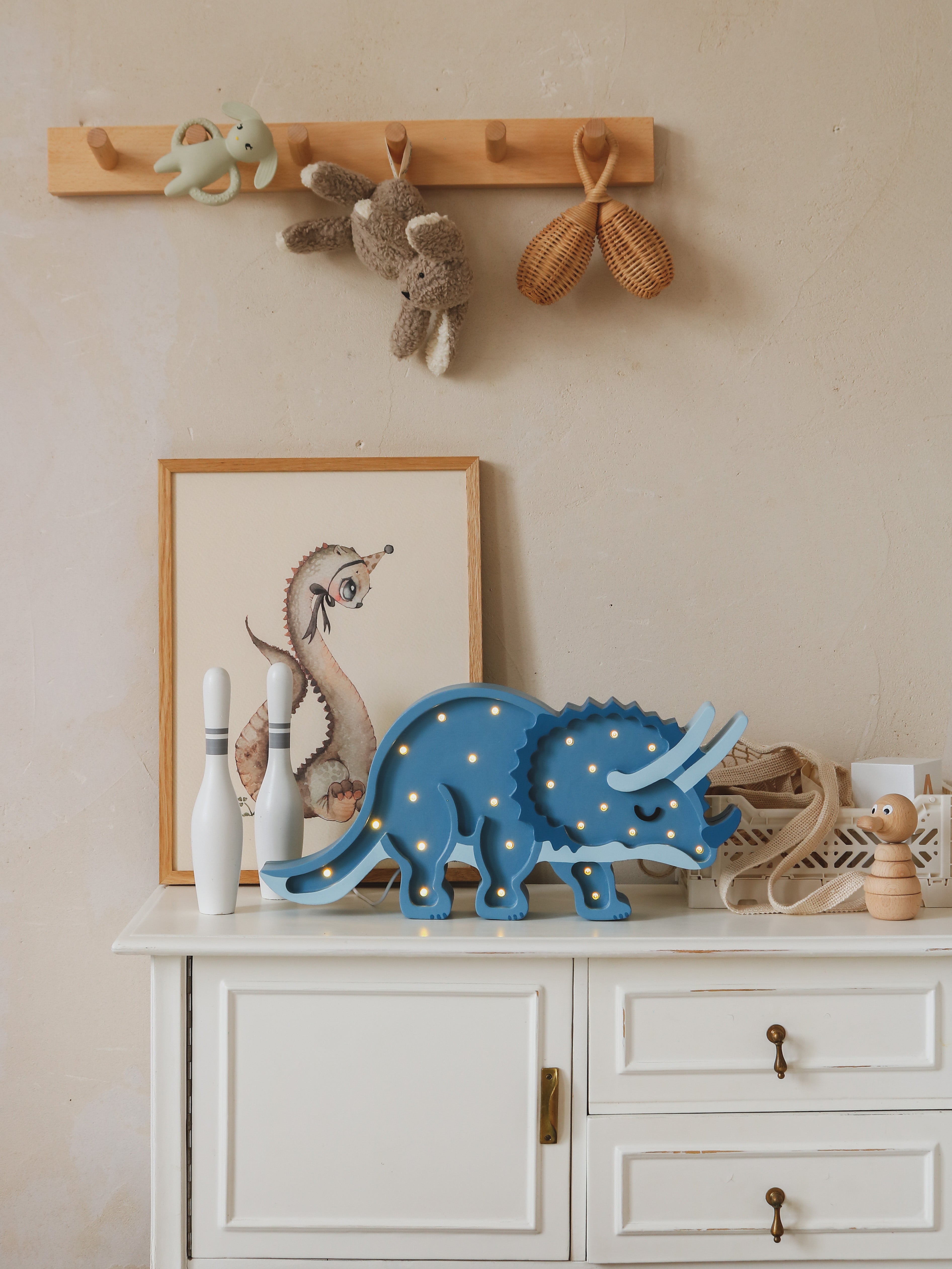 Wooden Triceratops Lamp in Jurassic Navy by Little Lights, handmade dimmable LED baby gift