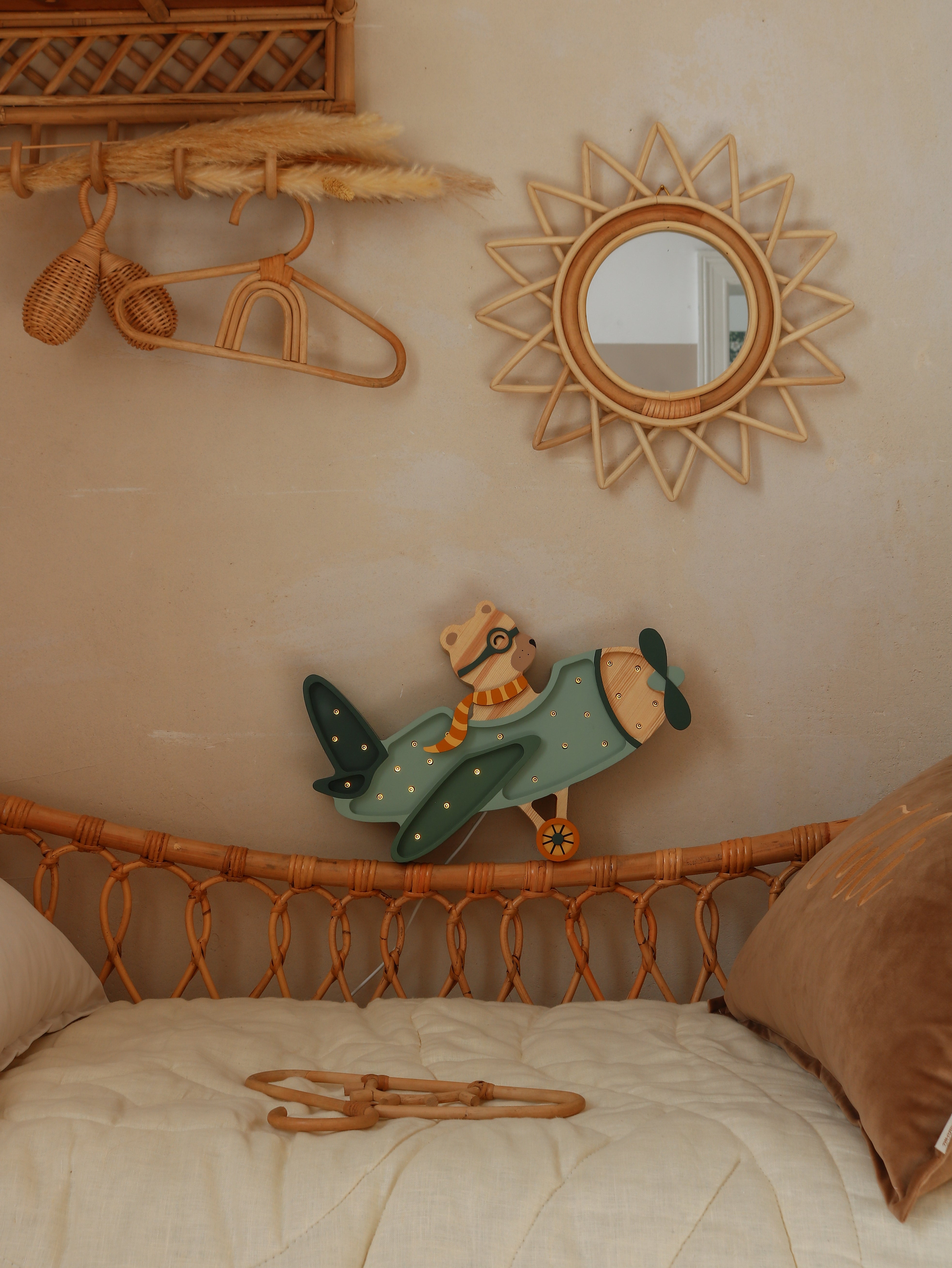 Little Lights Khaki Pastel vintage airplane night light with bear pilot and remote LED