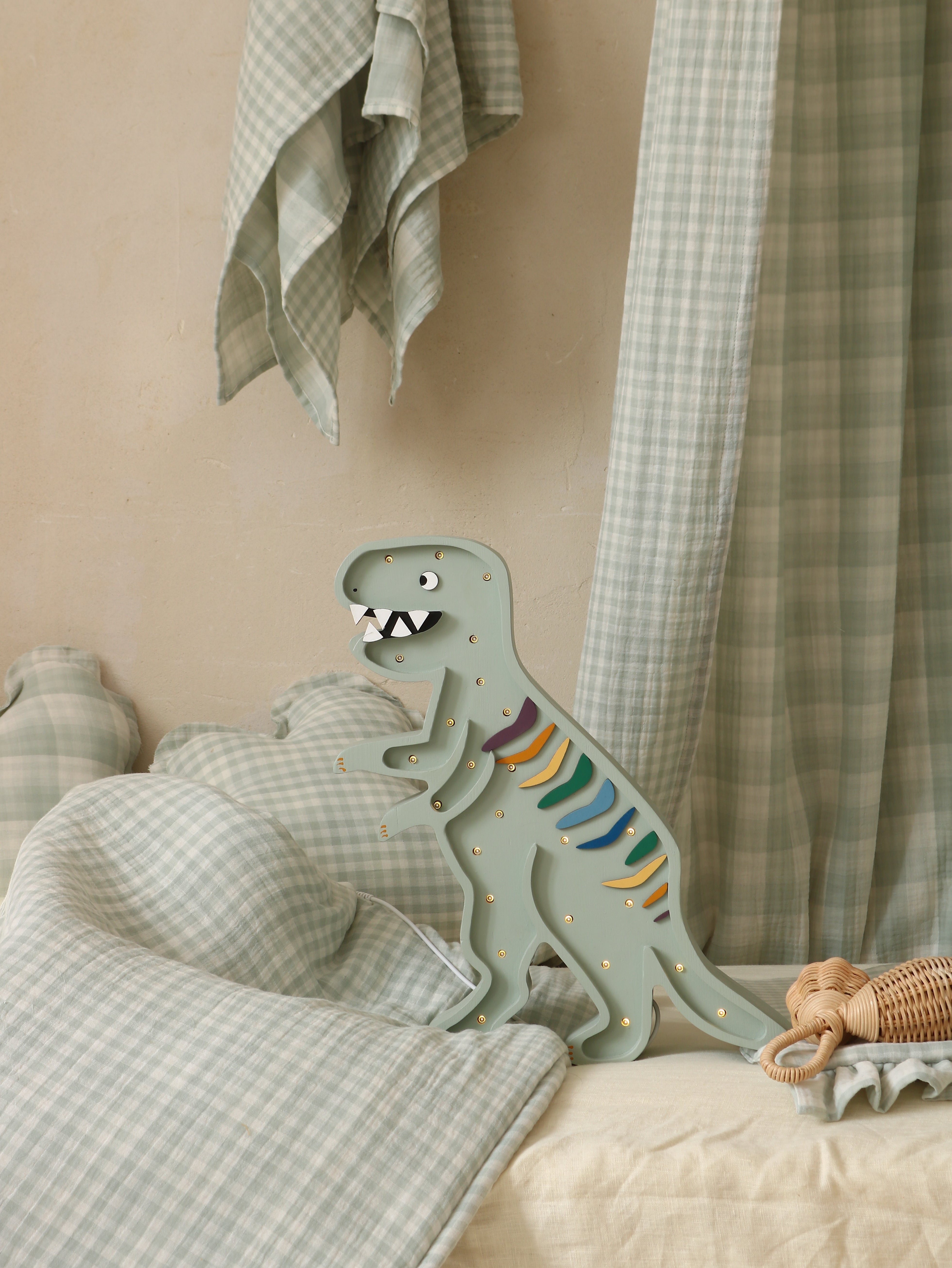 Khaki Pastel T-Rex night light by Little Lights, handcrafted wooden dimmable LED nursery lamp