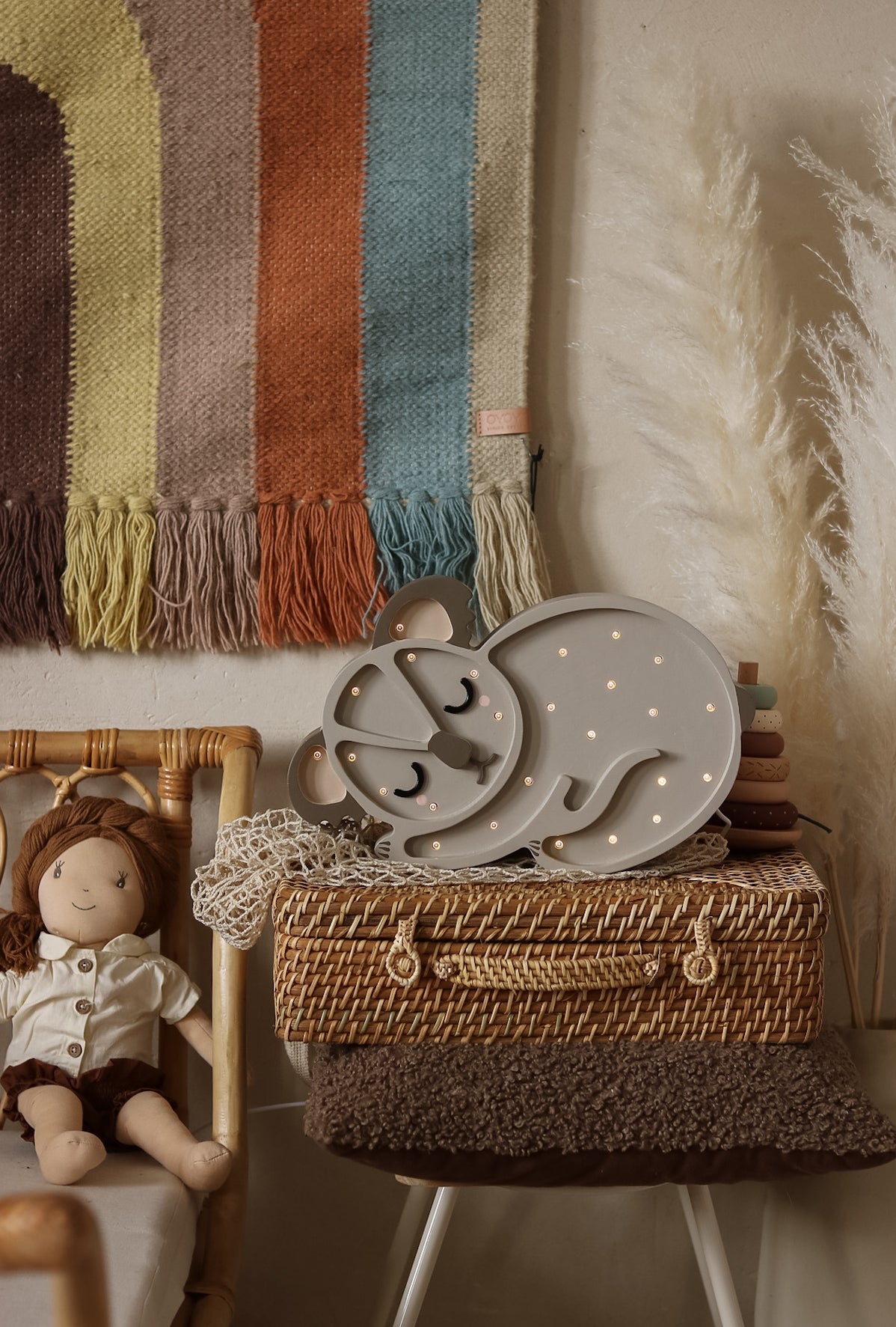 Little Lights Koala Bear Lamp in Australian Grey – handmade dimmable wooden baby gift and cozy nursery night light