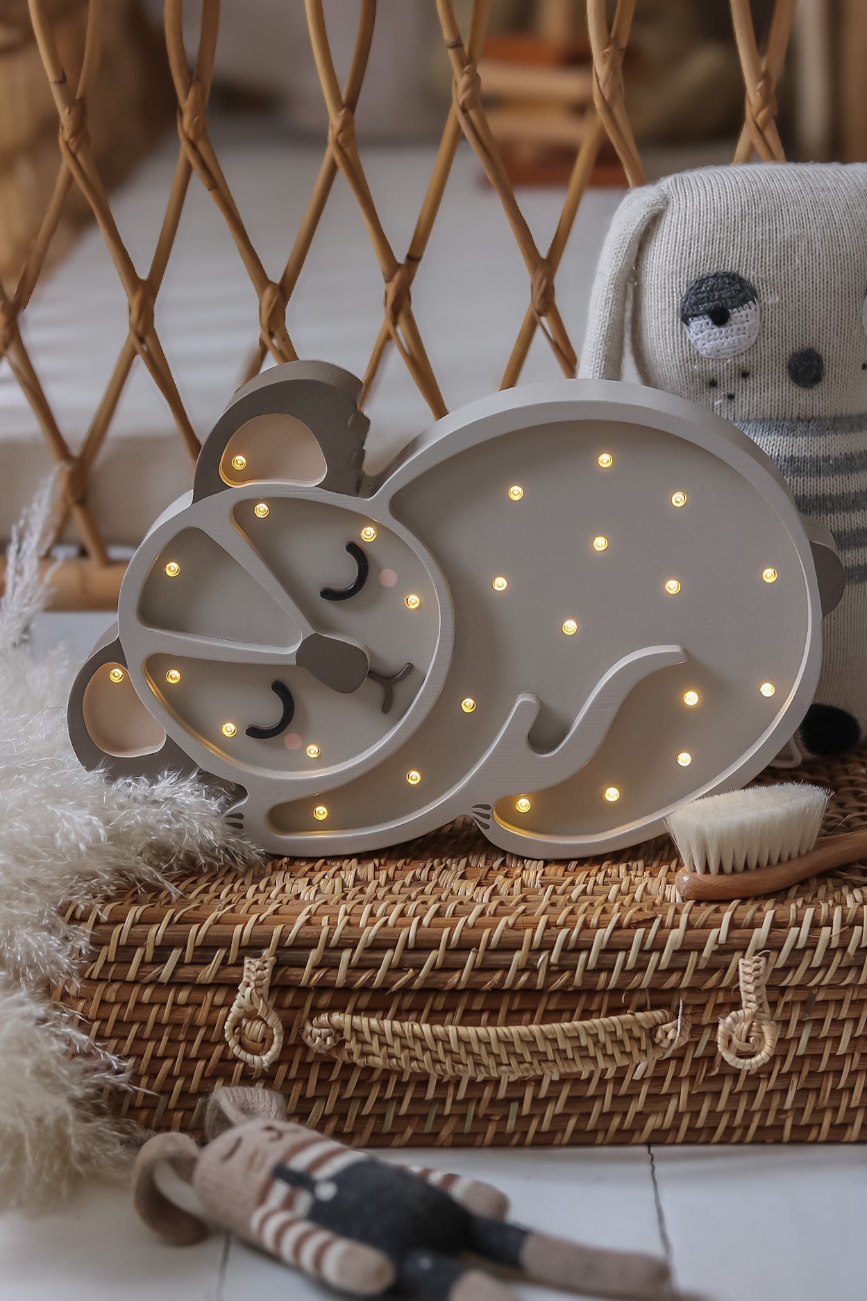 Koala Bear Lamp in Australian Grey – handcrafted dimmable wooden nursery light with remote