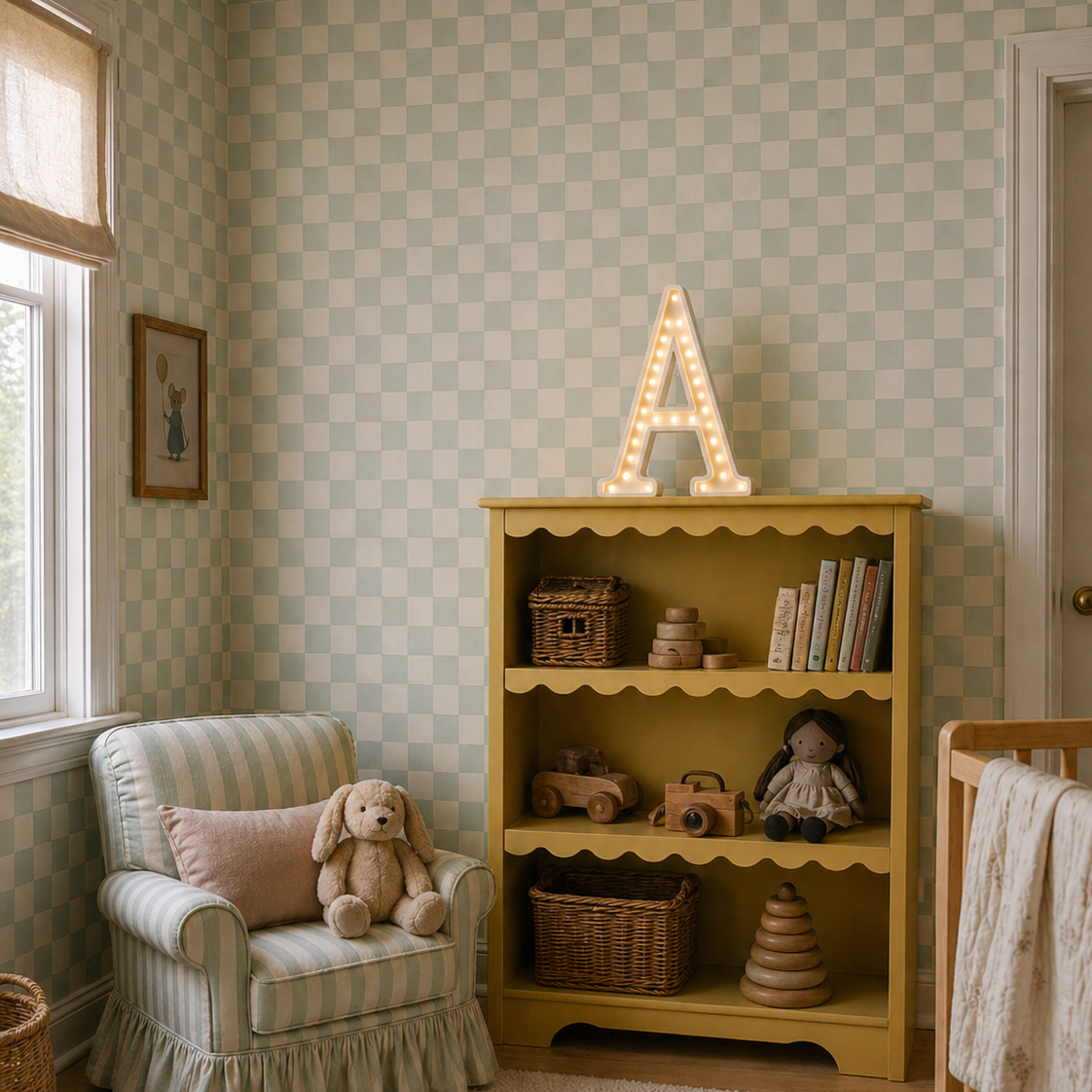Little Lights white A Letter Lamp in a baby nursery on a dresser