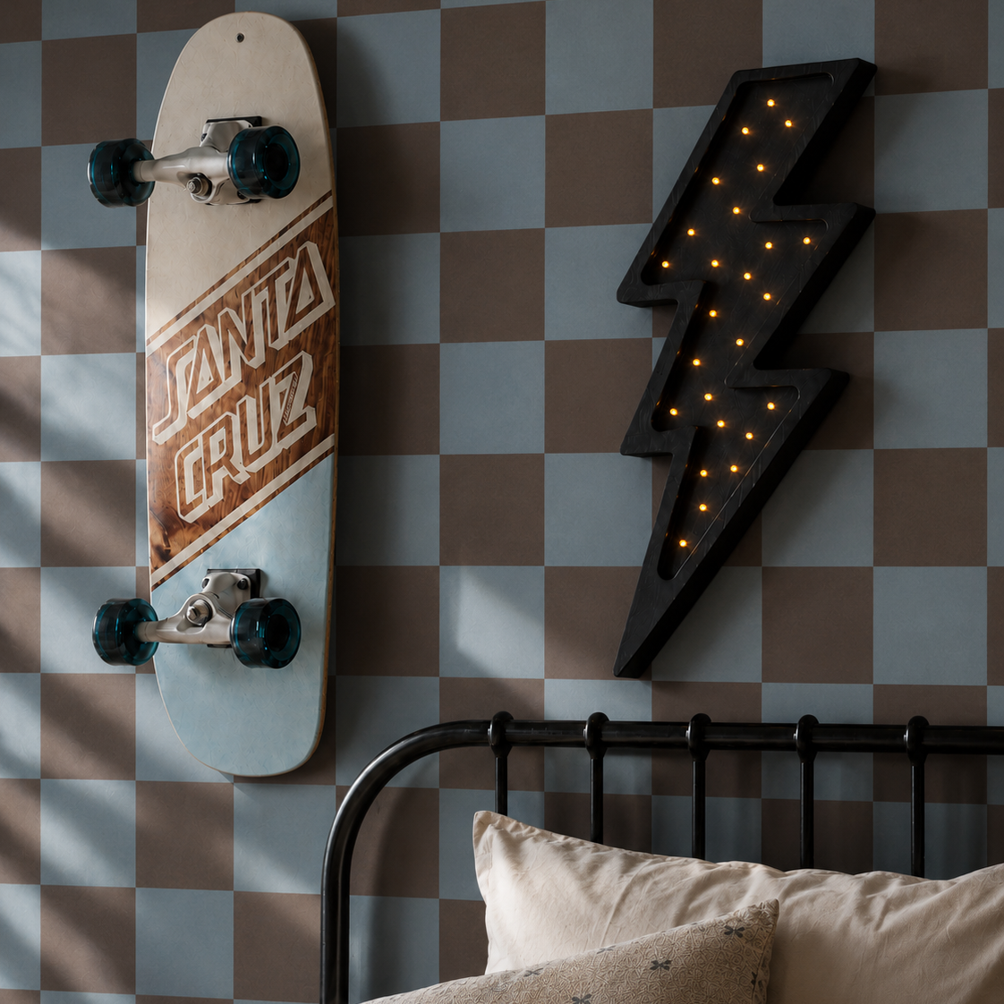 Little Lights Wooden and Dimmable black Bolt lamp hanging on the wall in a boys room