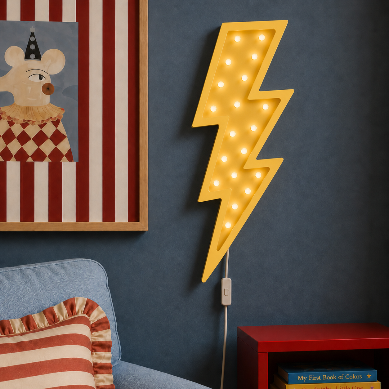 Little Lights yellow Lightning Bolt Lamp hanging on the wall in a baby room