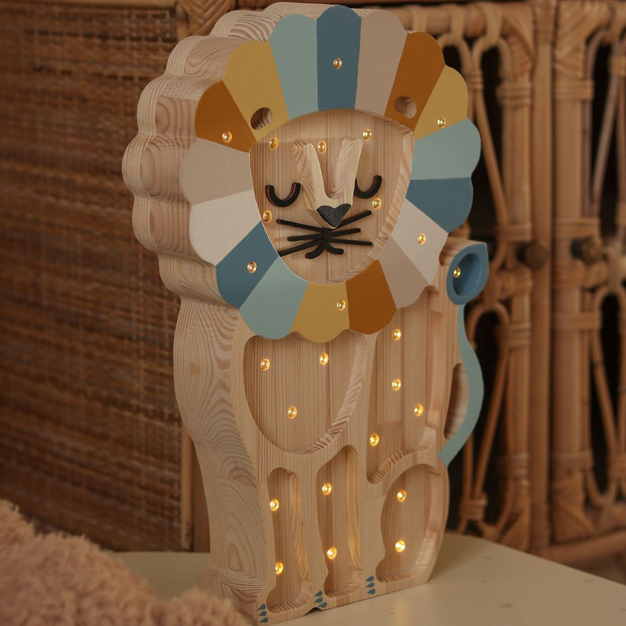 Wooden Little lights Lion Lamp in a safari themed nursery