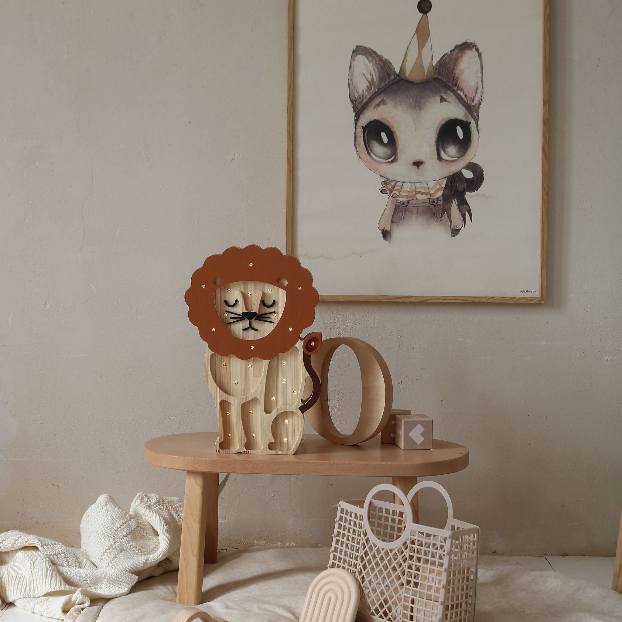 Baby Room with Little Lights wooden Lion Lamp on a table