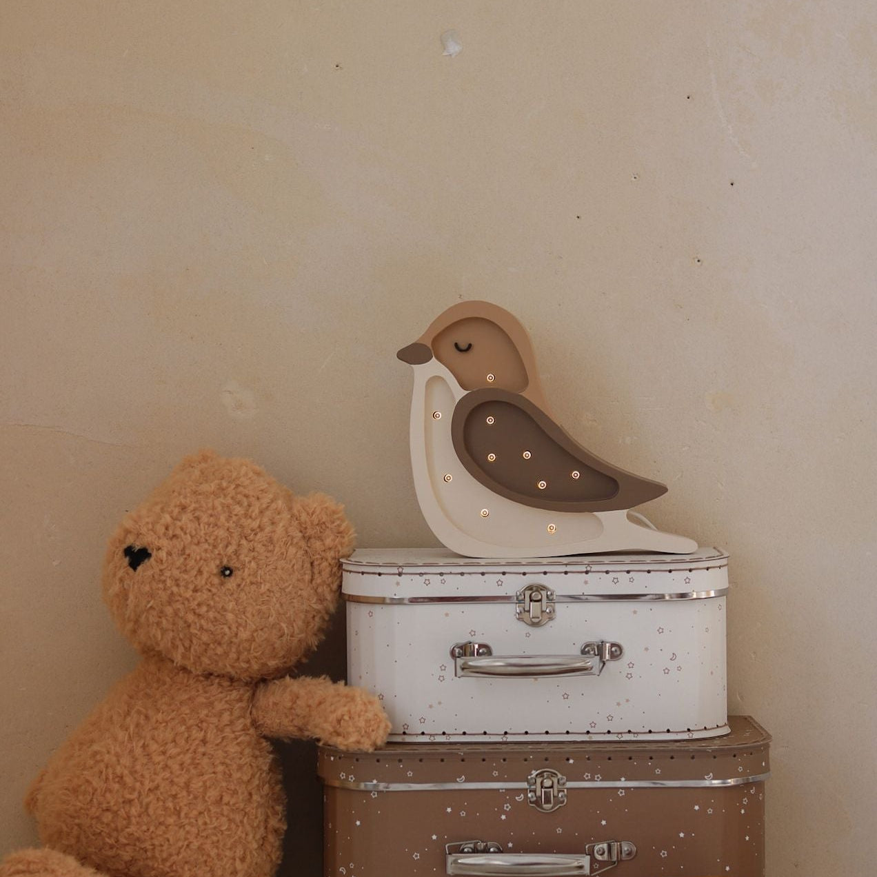 Little Lights Dimmable wooden night light on a dresser in a baby nursery
