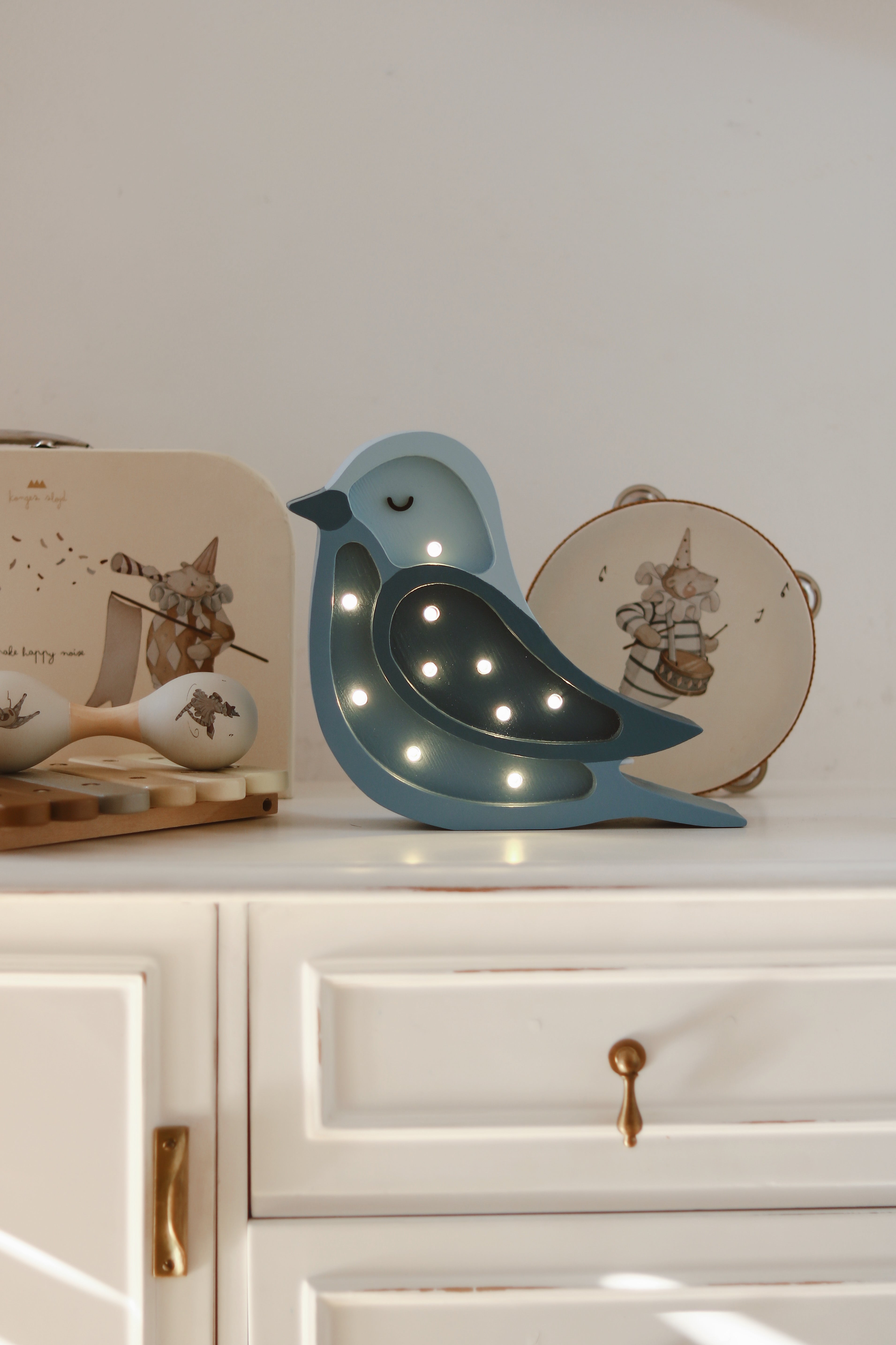 Little Lights blue bird night light made from natural pinewood