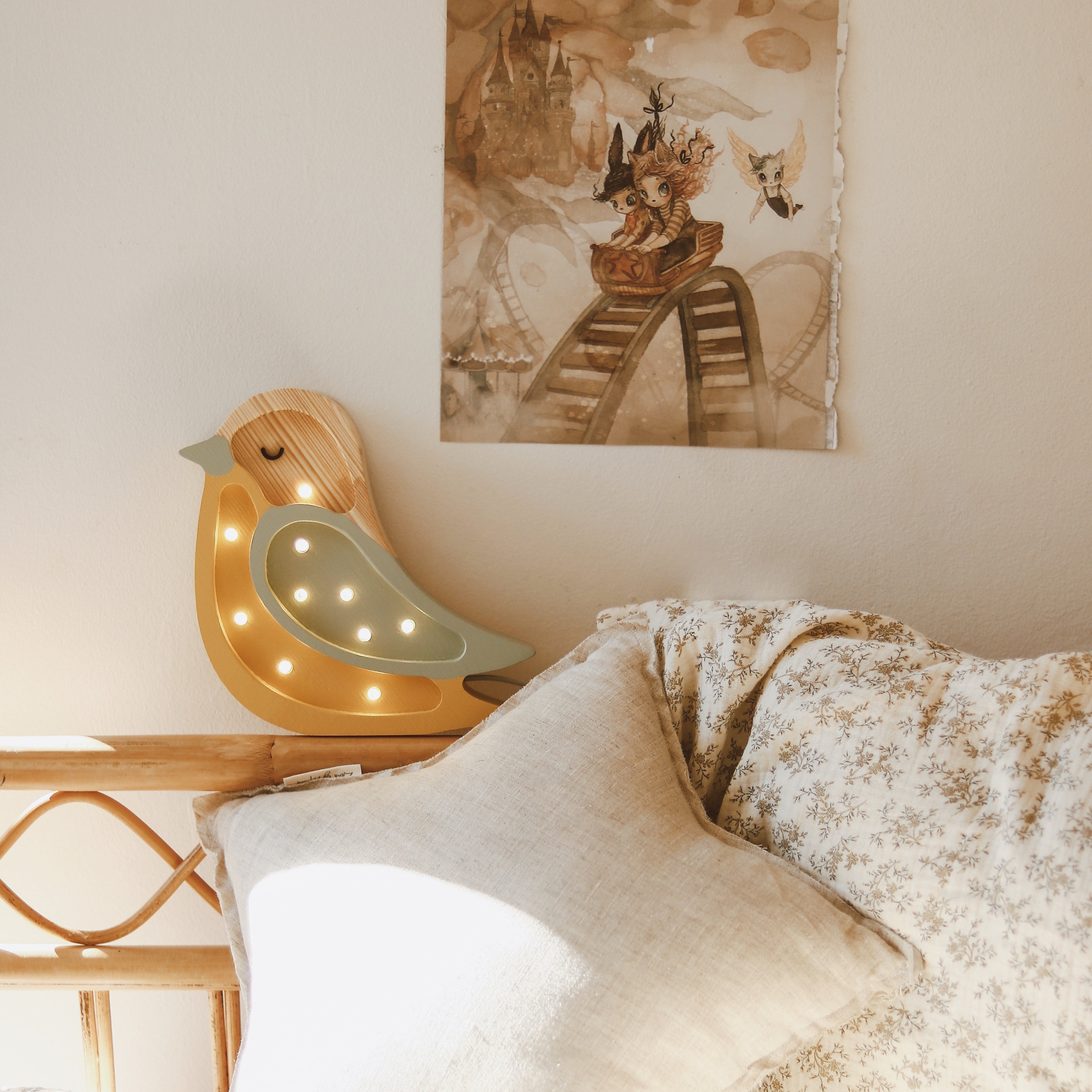 Dimmable wooden bird lamp in khaki mustard, perfect baby gift idea