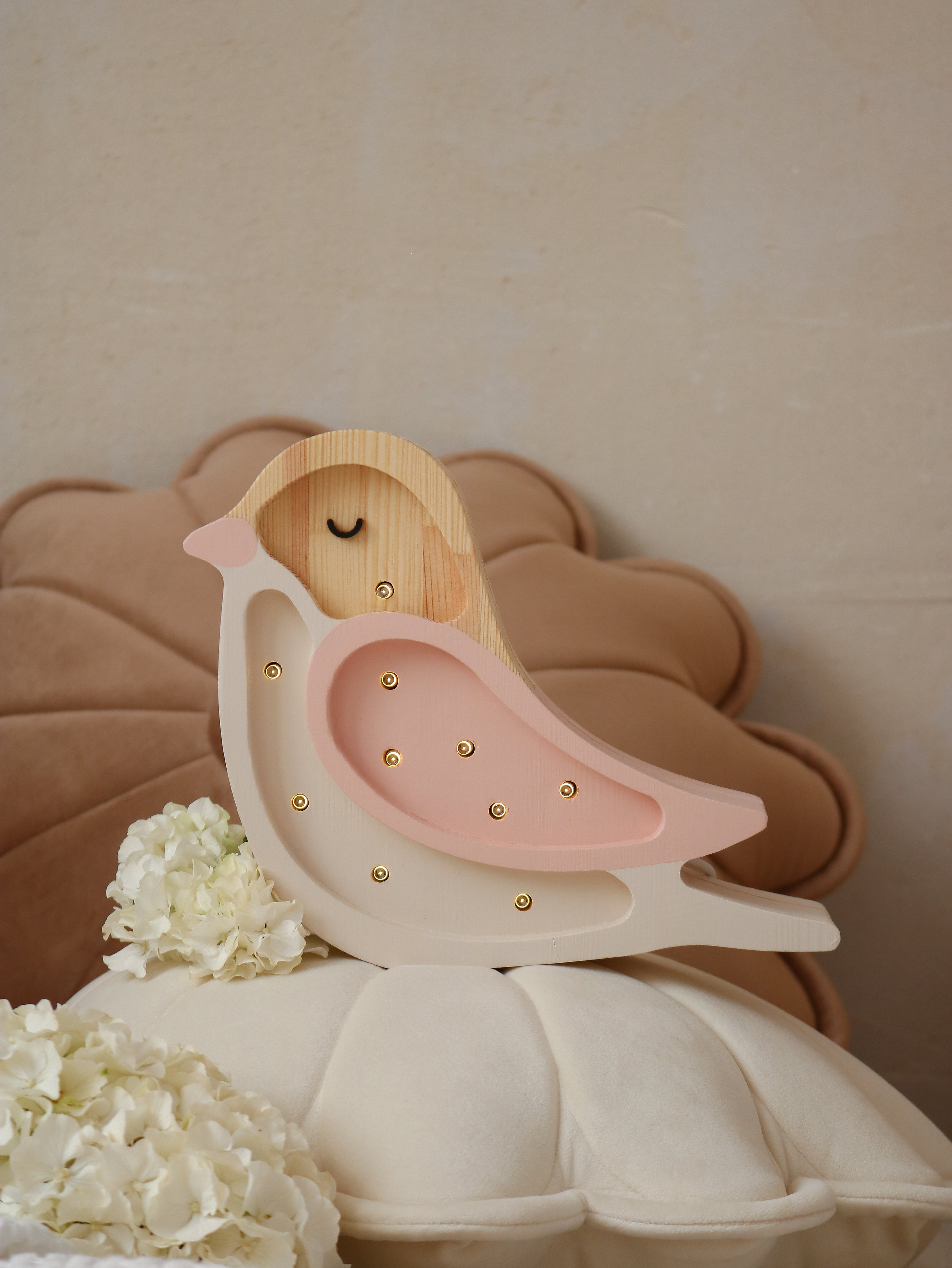Dimmable pink bird lamp handcrafted from pinewood