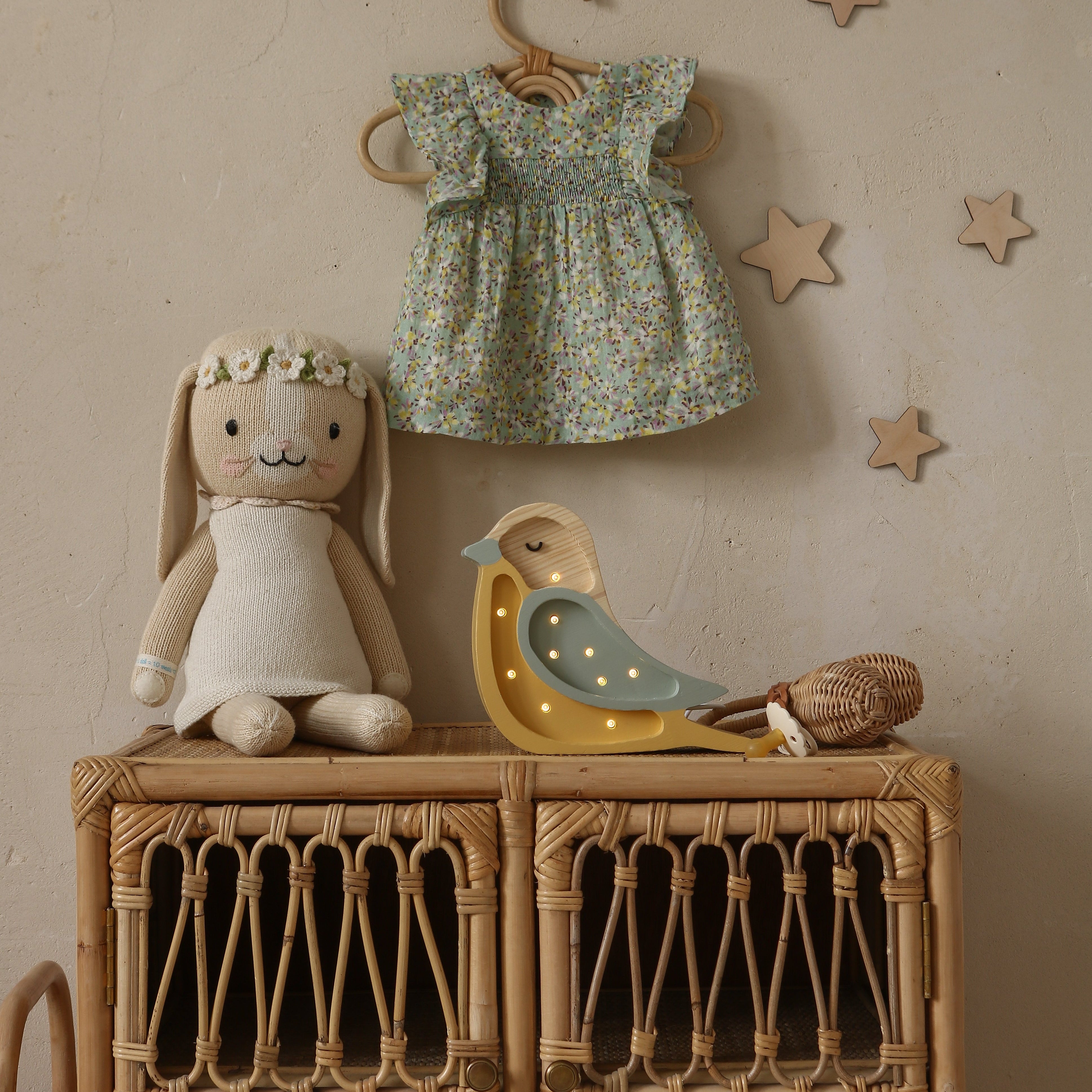 Mustard yellow wooden bird night light with dimmer and remote by Little Lights