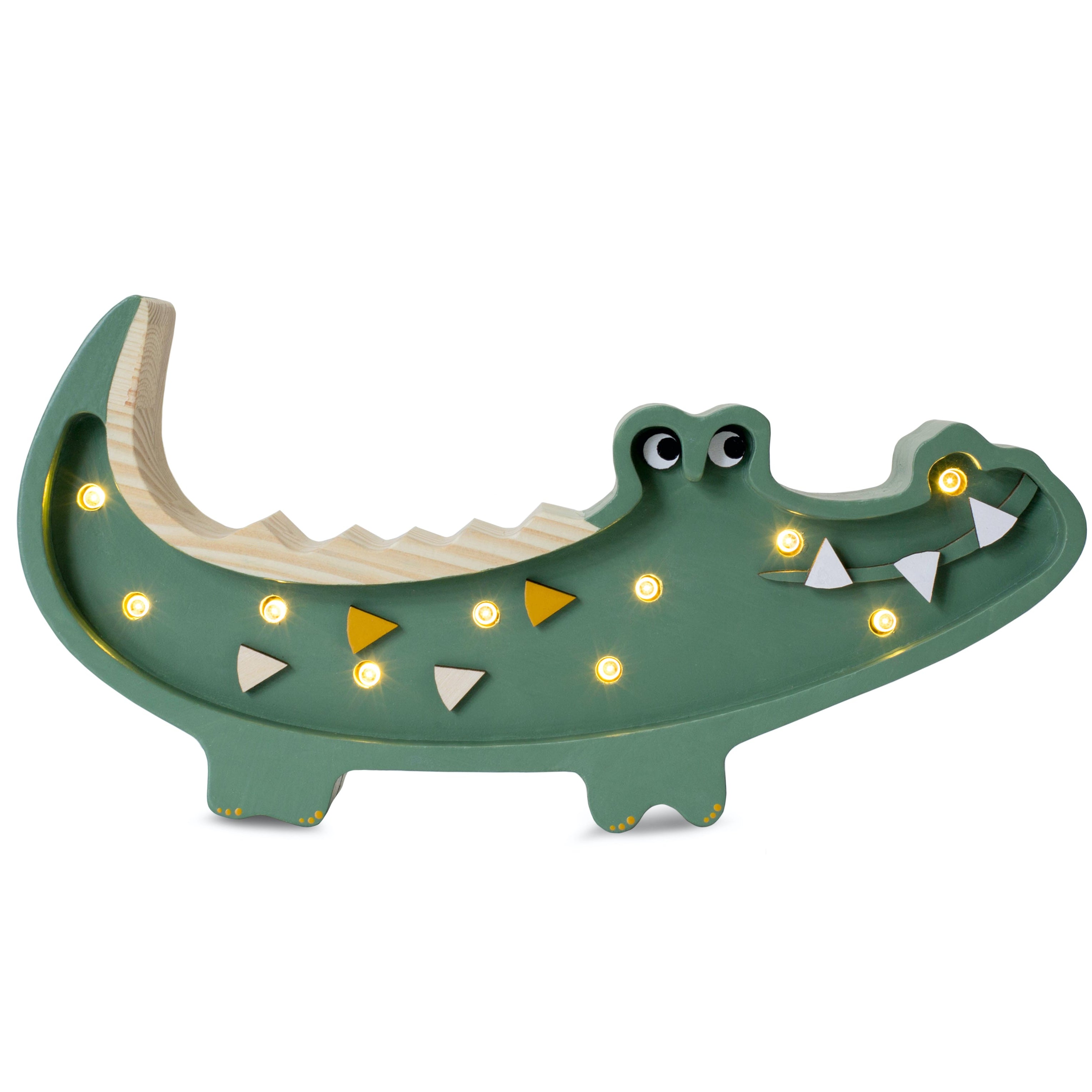 Little Lights Mini Crocodile Lamp in Military Green – handmade wooden nursery lamp