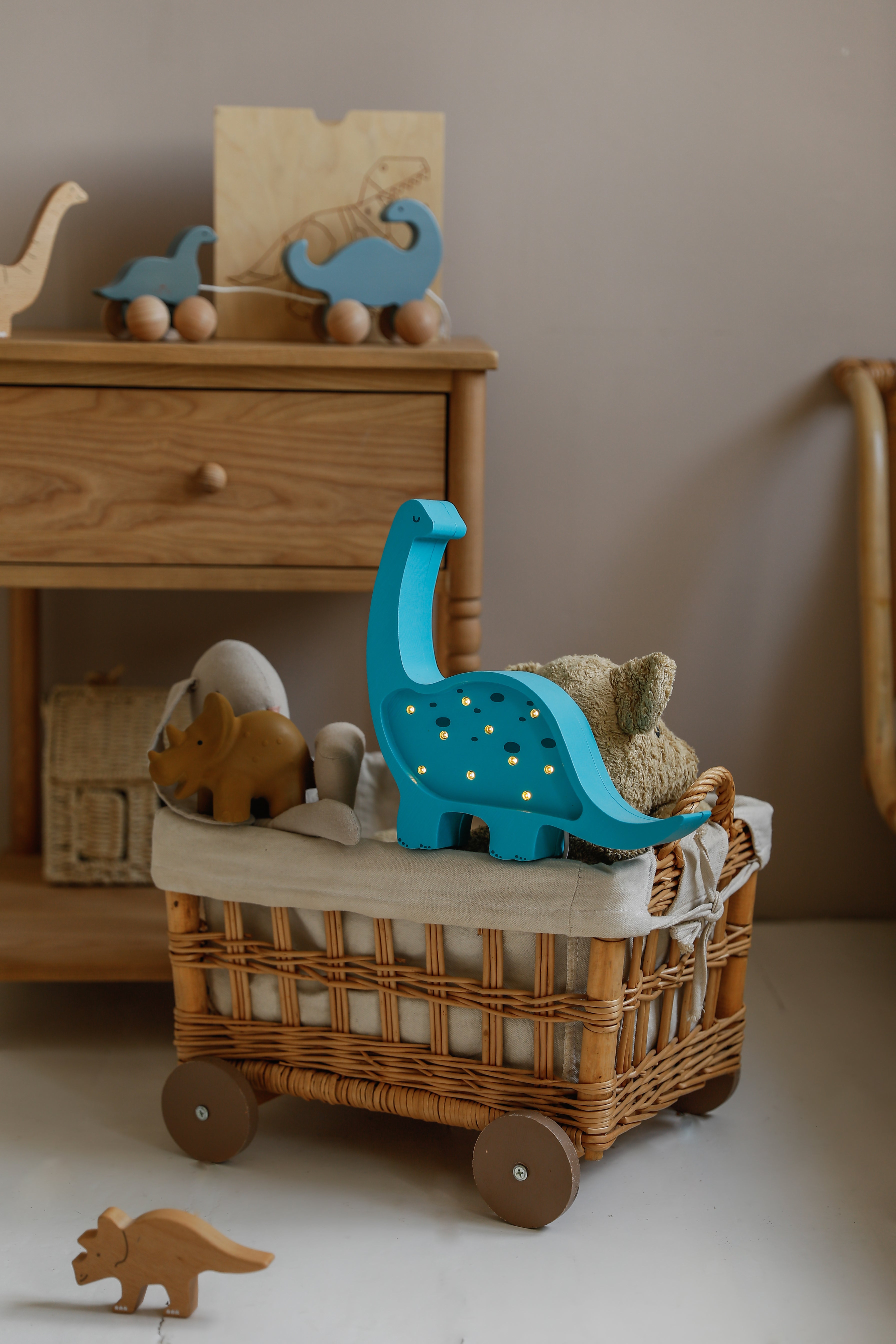 Dimmable wooden dino lamp in turquoise cyan for kids’ nursery