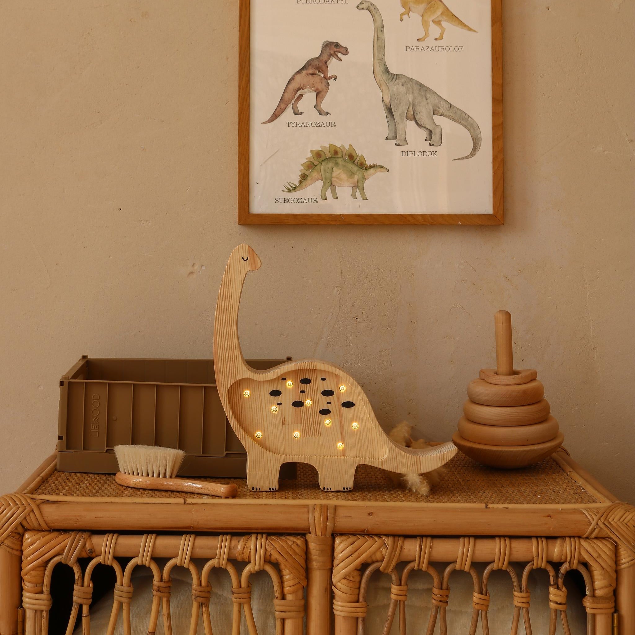 Dinosaur Diplodocus Wooden night light on a dresser in a baby boy nursery