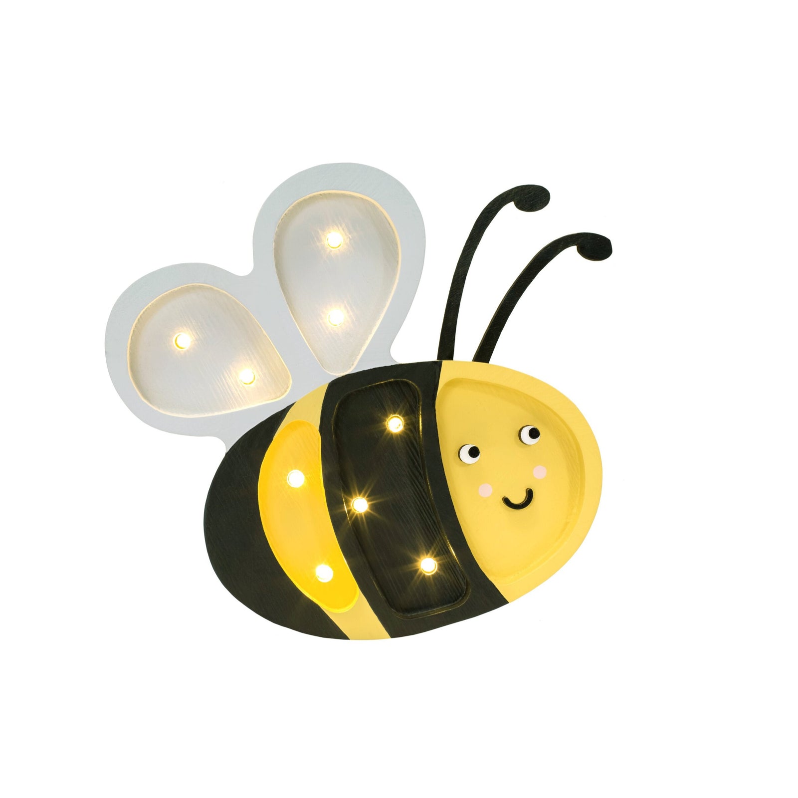 Little Lights Mini Happy Bee Lamp in Yellow – handmade wooden nursery lamp with dimmer and remote
