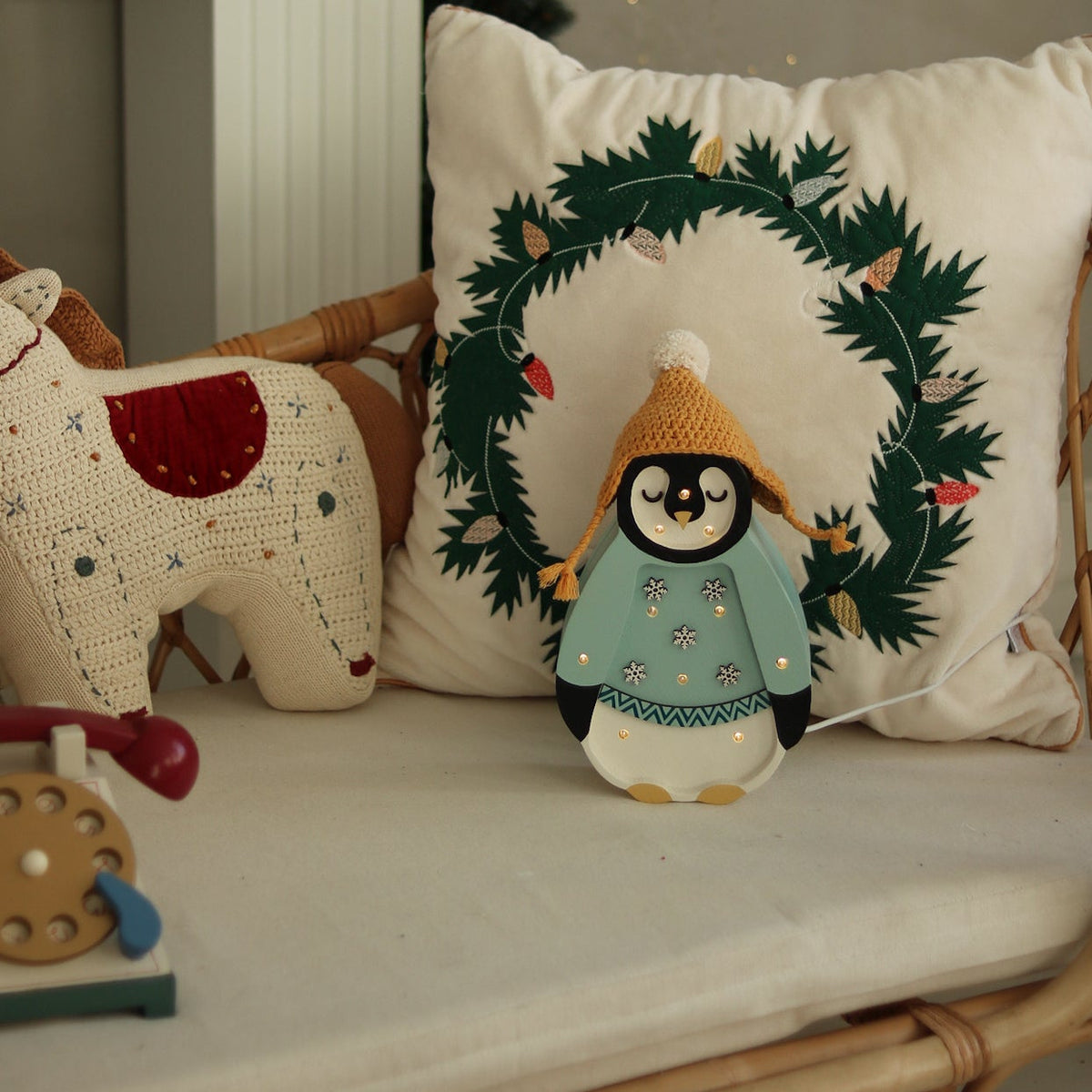 Little Lights Blue Mini Penguin Lamp, LED night light handmade from wood, perfect for baby nursery décor
