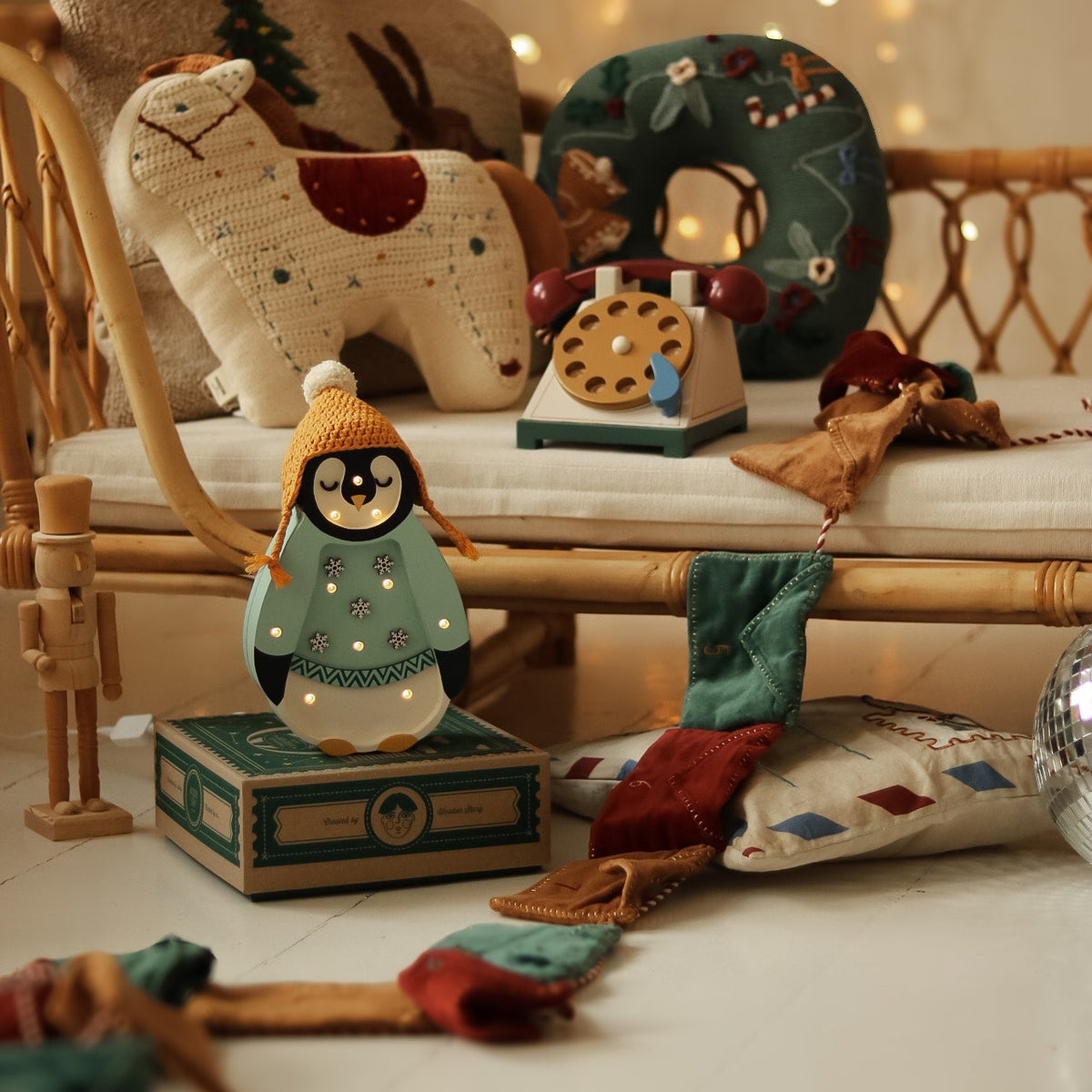Little Lights Wooden Mini Holiday Penguin Lamp in Blue, dimmable LED nursery light with remote control