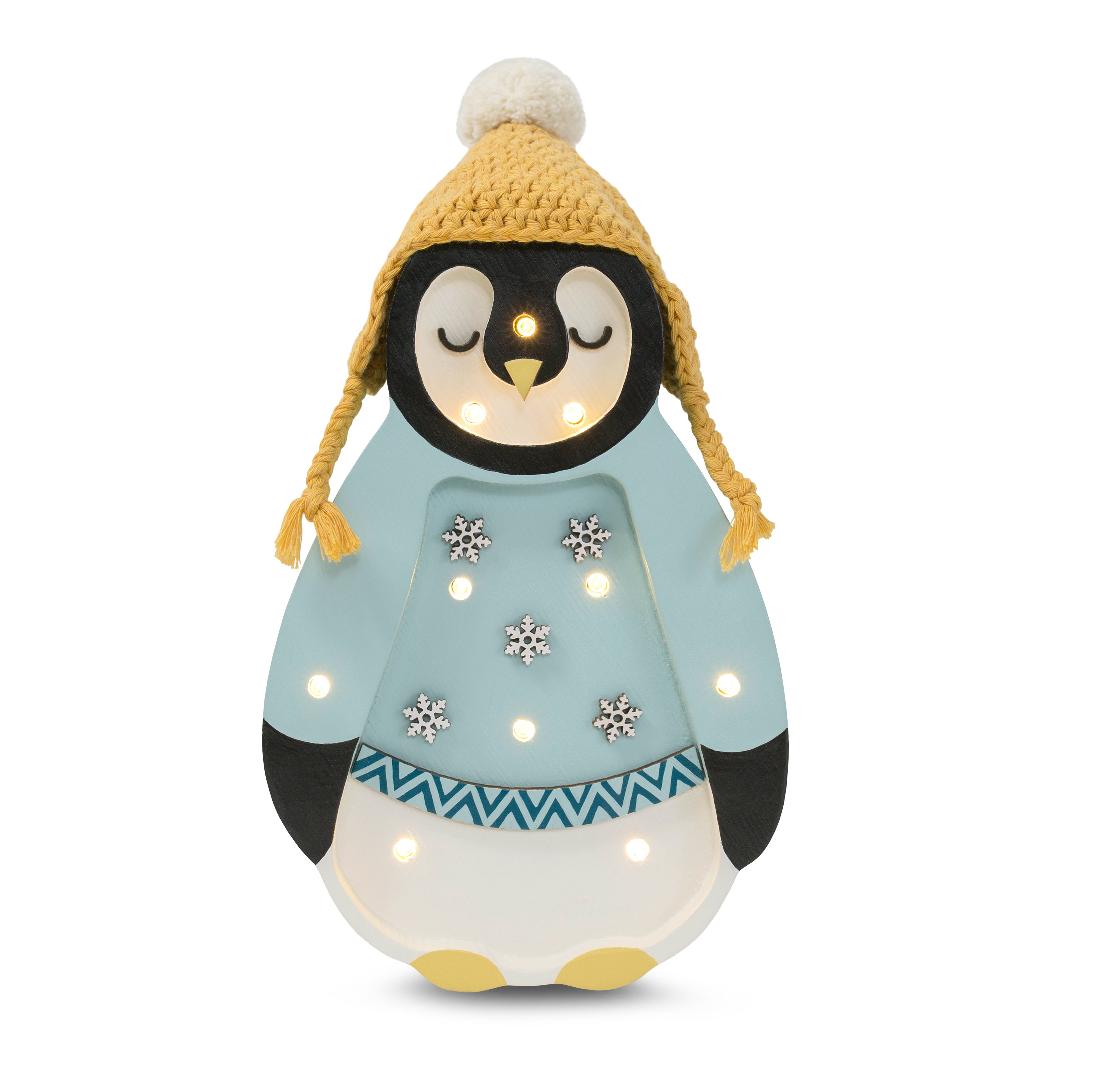 Little Lights Mini Holiday Penguin Lamp in Blue, a charming wooden night light for cozy winter nursery