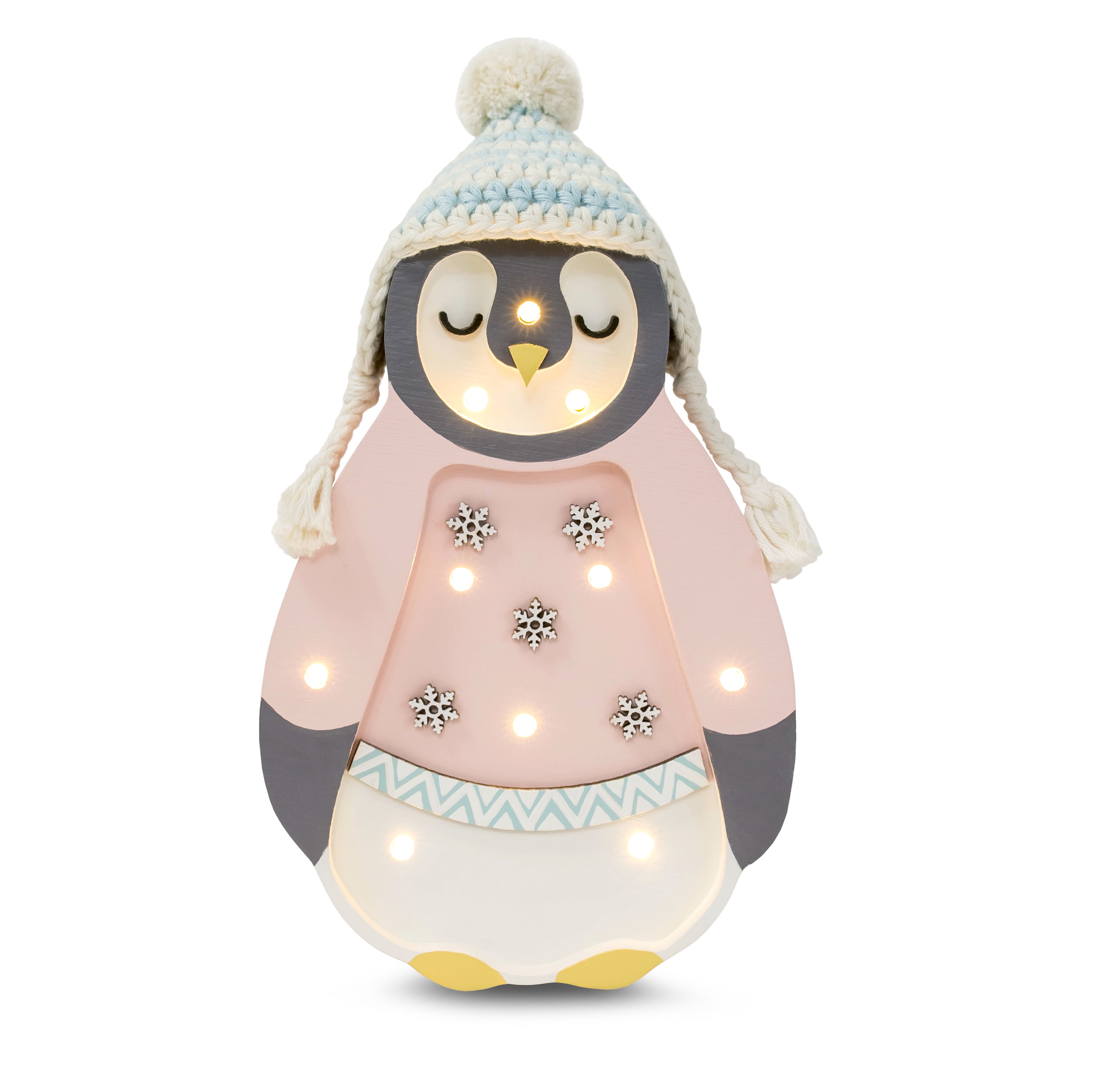 Little Lights Mini Holiday Penguin Lamp in Pink, handmade dimmable LED wooden light for dreamy nursery