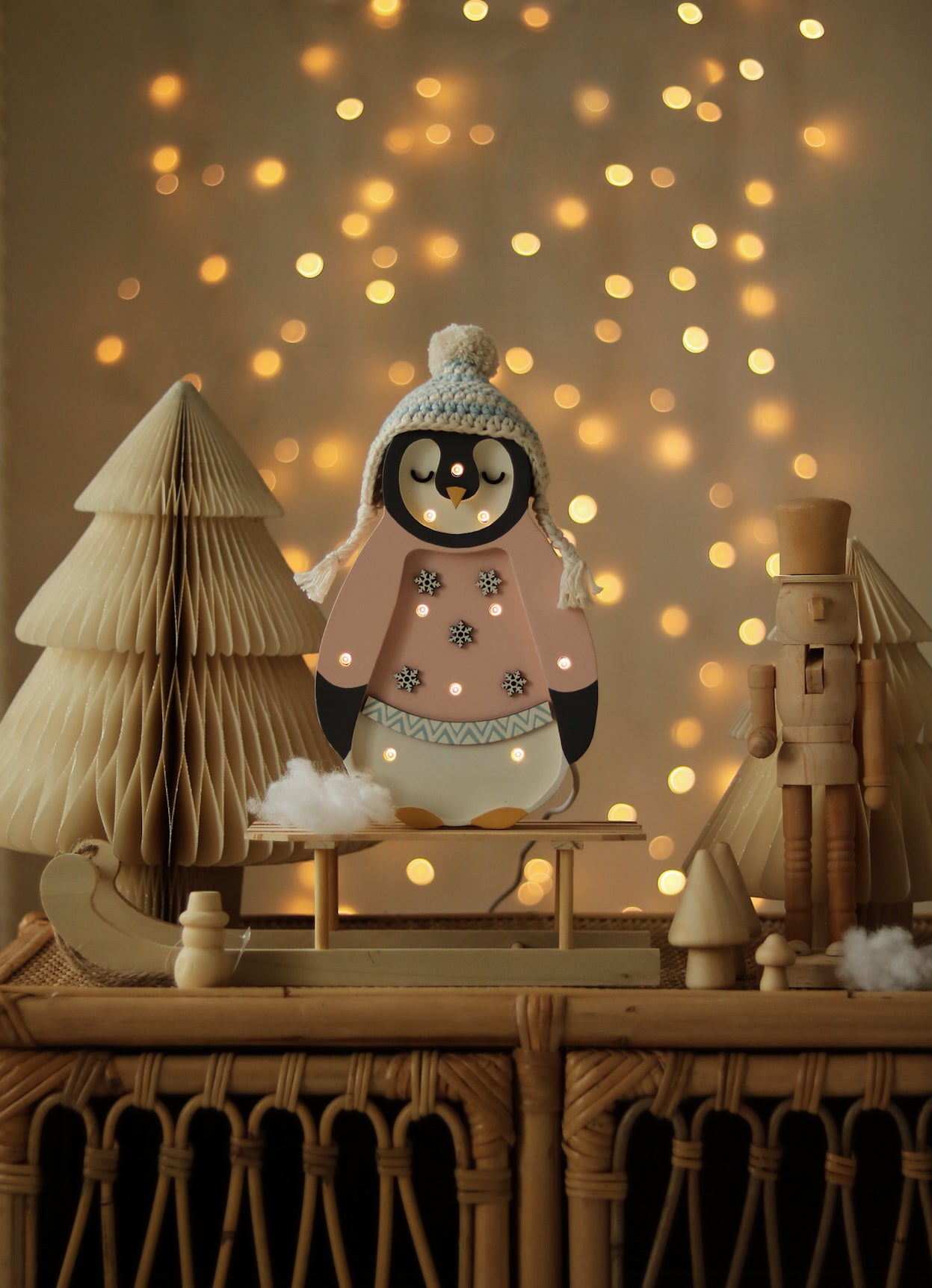Little Lights Mini Holiday Penguin Lamp in Pink — handmade wooden LED nursery light with dimmer and remote control