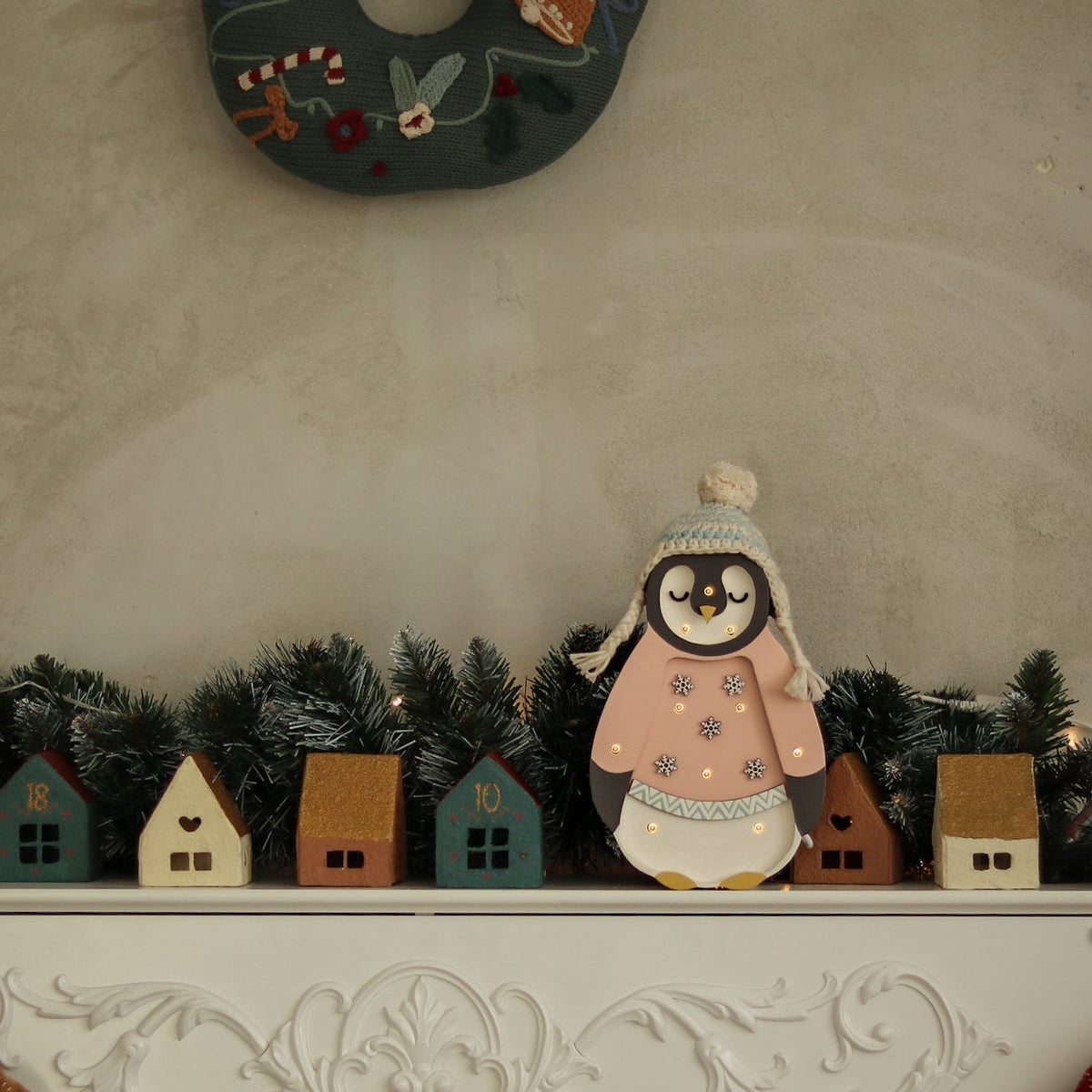 Little Lights Wooden Mini Holiday Penguin Lamp in Pink, remote-controlled dimmable LED nursery night light