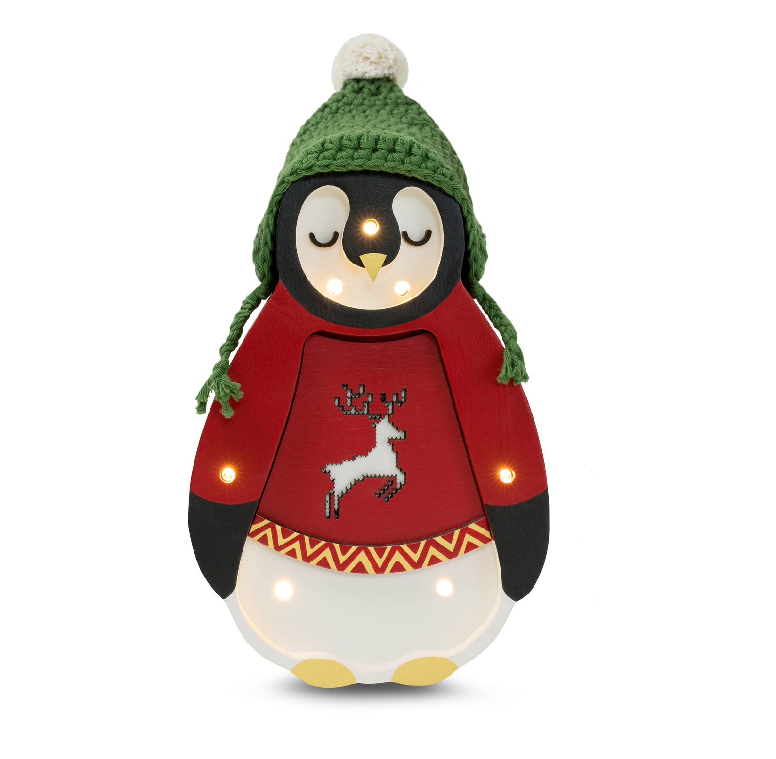 Mini Holiday Penguin Lamp in Red, a festive wooden night light perfect for Christmas-themed nurseries