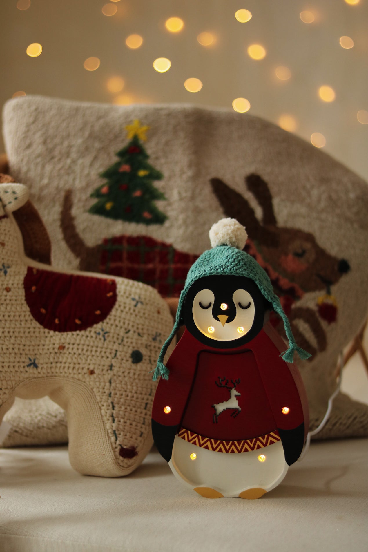Wooden Mini Holiday Penguin Lamp in Red, festive nursery lighting for holiday interiors