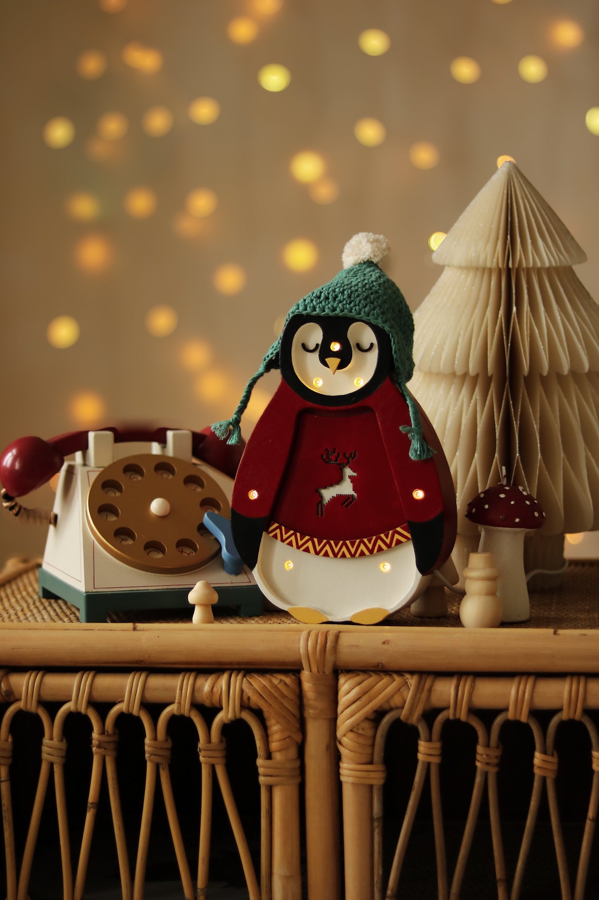 dorable red penguin night light, handmade wooden lamp adding warmth to winter nursery décor
