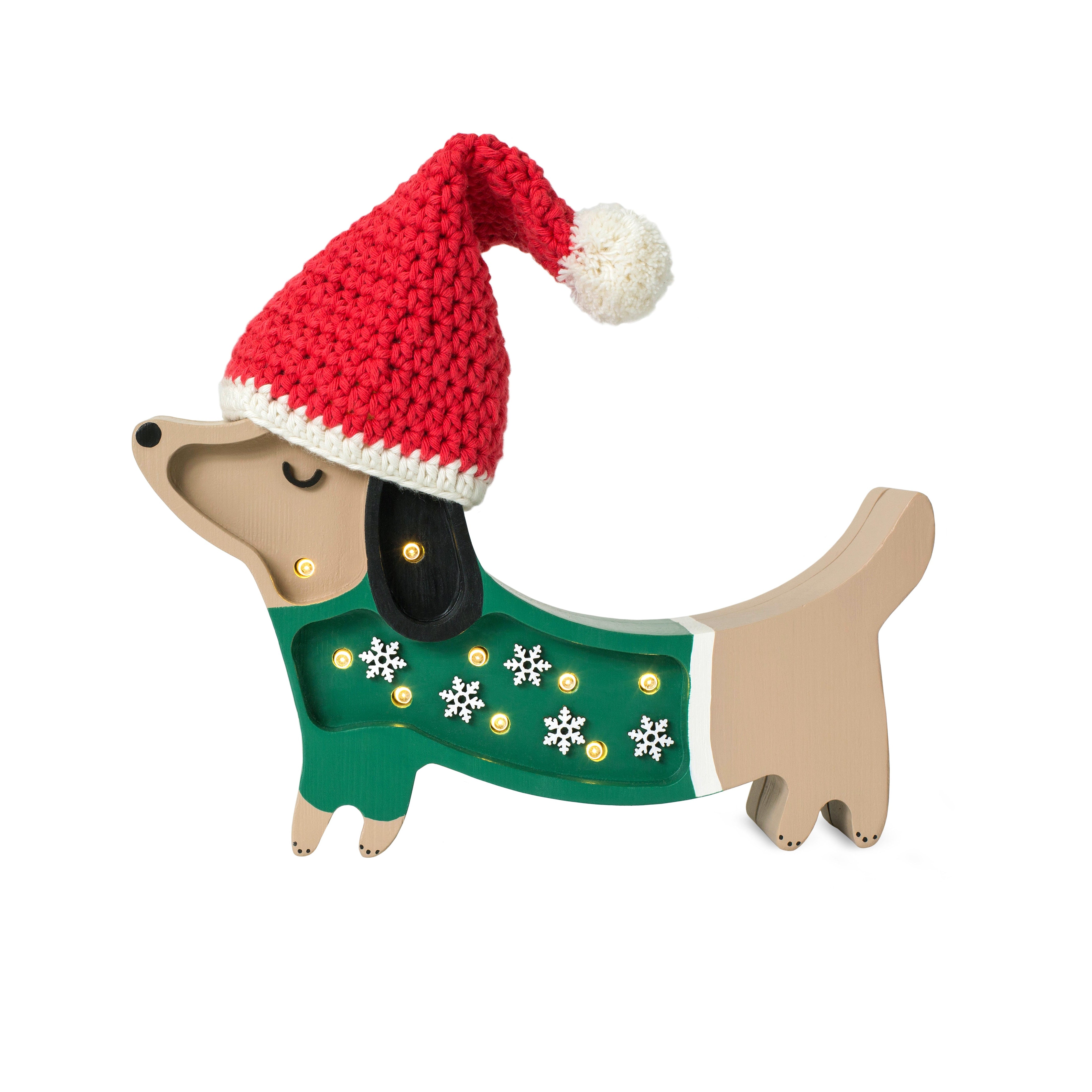 Little Lights Mini Holiday Puppy Lamp in Christmas Snowflake — handmade dimmable LED wooden light with remote, perfect winter nursery décor