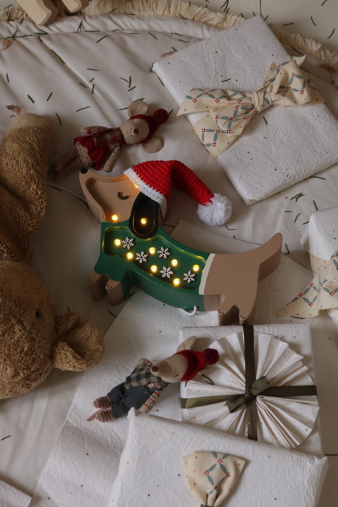 Little Lights Mini Puppy Lamp Christmas Snowflake — dimmable LED wooden lamp handmade for holiday nurseries and winter décor