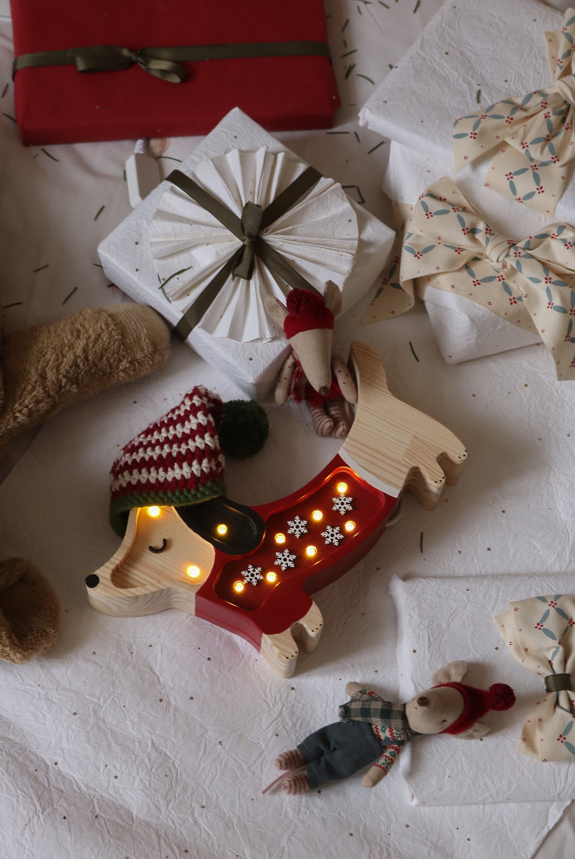 Little Lights Mini Holiday Puppy Lamp in Santa Helper colors — wooden dimmable LED lamp with remote, festive night light for nursery
