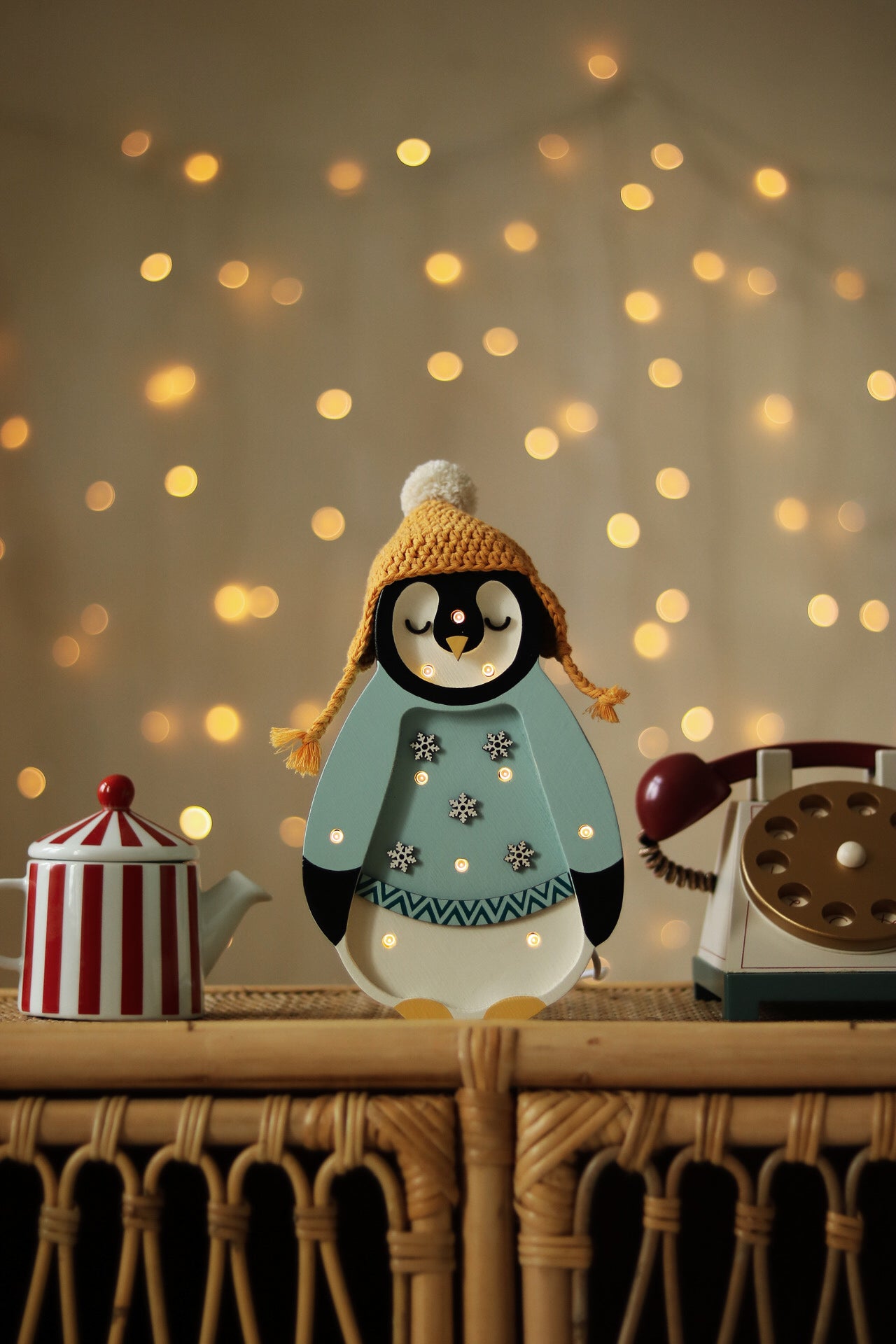 Little Lights Mini Penguin Lamp in Blue, handmade dimmable wooden LED lamp and thoughtful holiday gift
