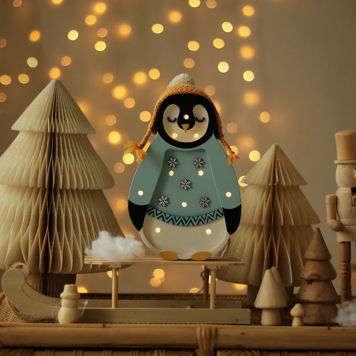 Little Lights Mini Penguin Lamp in Blue, remote-controlled dimmable LED lamp and playful wooden décor for kids’ room
