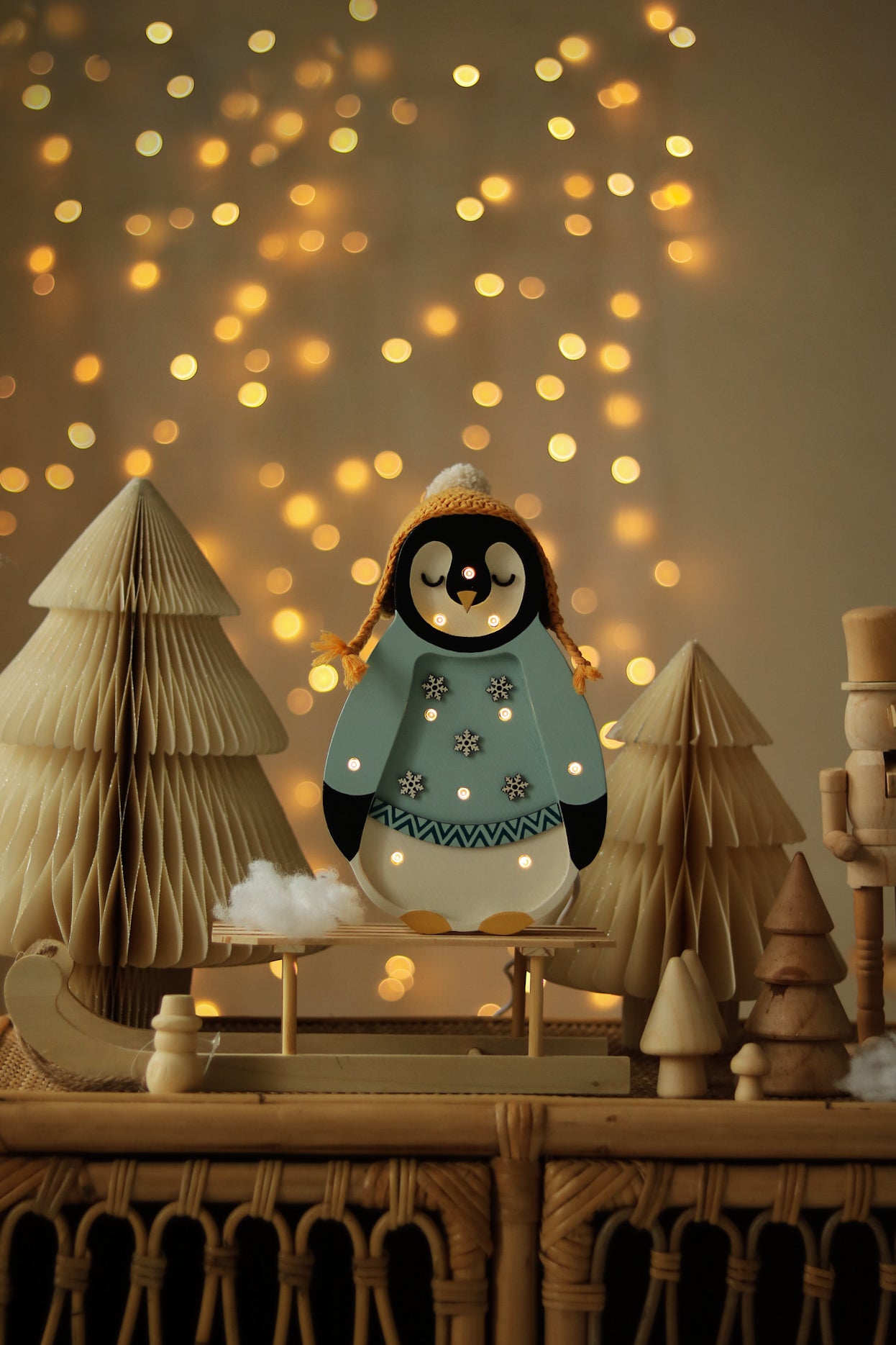 Little Lights Mini Penguin Lamp in Blue, remote-controlled dimmable LED lamp and playful wooden décor for kids’ room