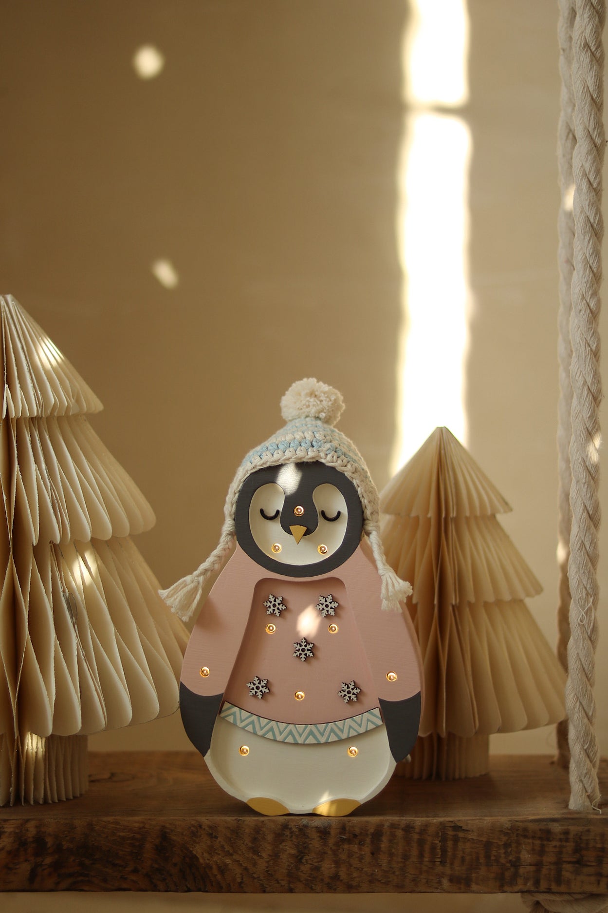 Little Lights Mini Penguin Lamp in Pink, remote-controlled dimmable LED wooden light, ideal nursery décor