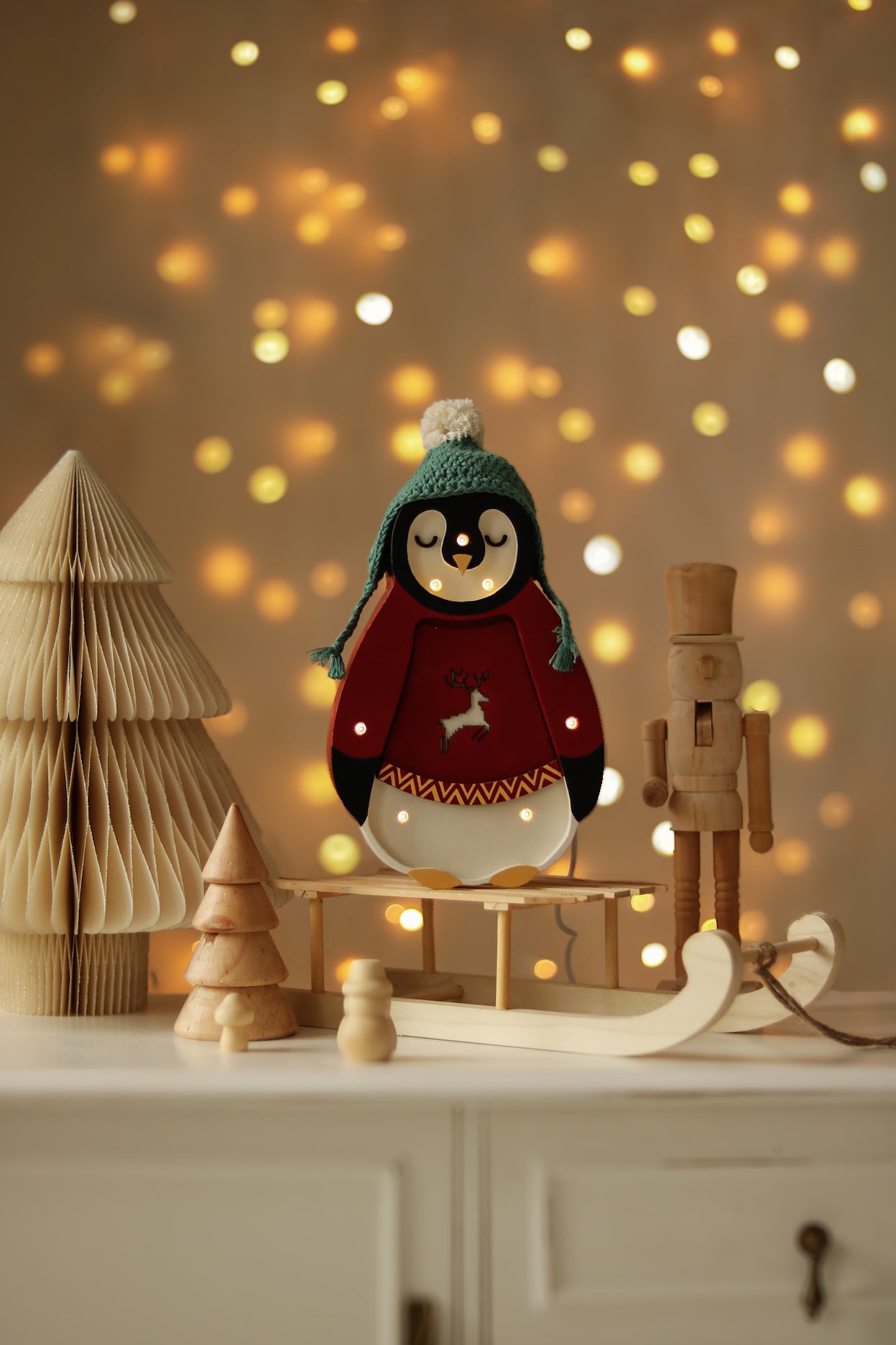 Little Lights Mini Penguin Lamp in Red — handmade wooden LED night light with dimmer and remote, perfect nursery gift for the holidays