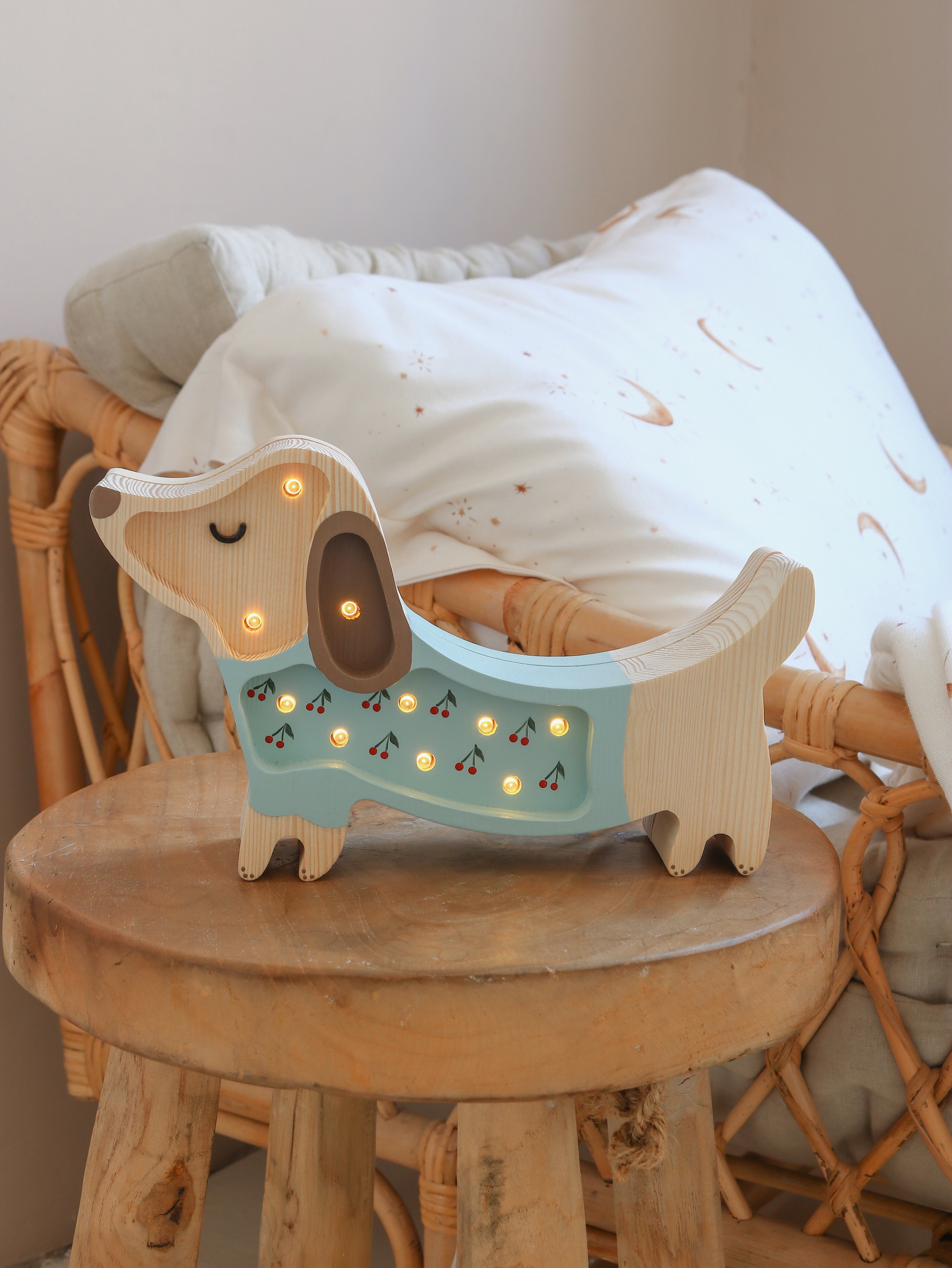 Little Lights Cherries on Blue Mini Puppy Lamp — dimmable wooden LED lamp with remote, ideal for kids’ nighttime comfort