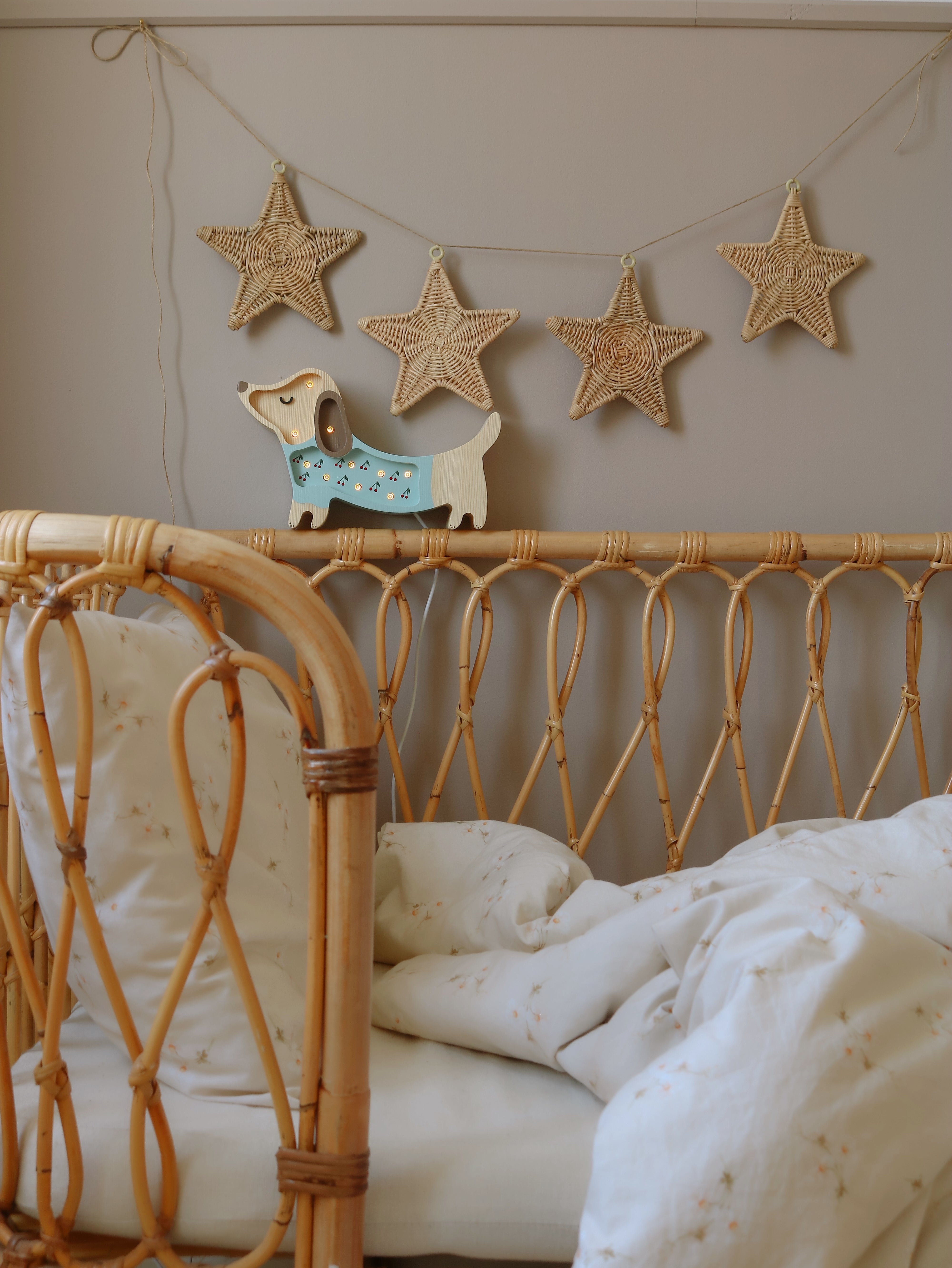 Little Lights Mini Puppy Lamp Cherries on Blue — handmade LED wooden night lamp, cute nursery décor and gift idea