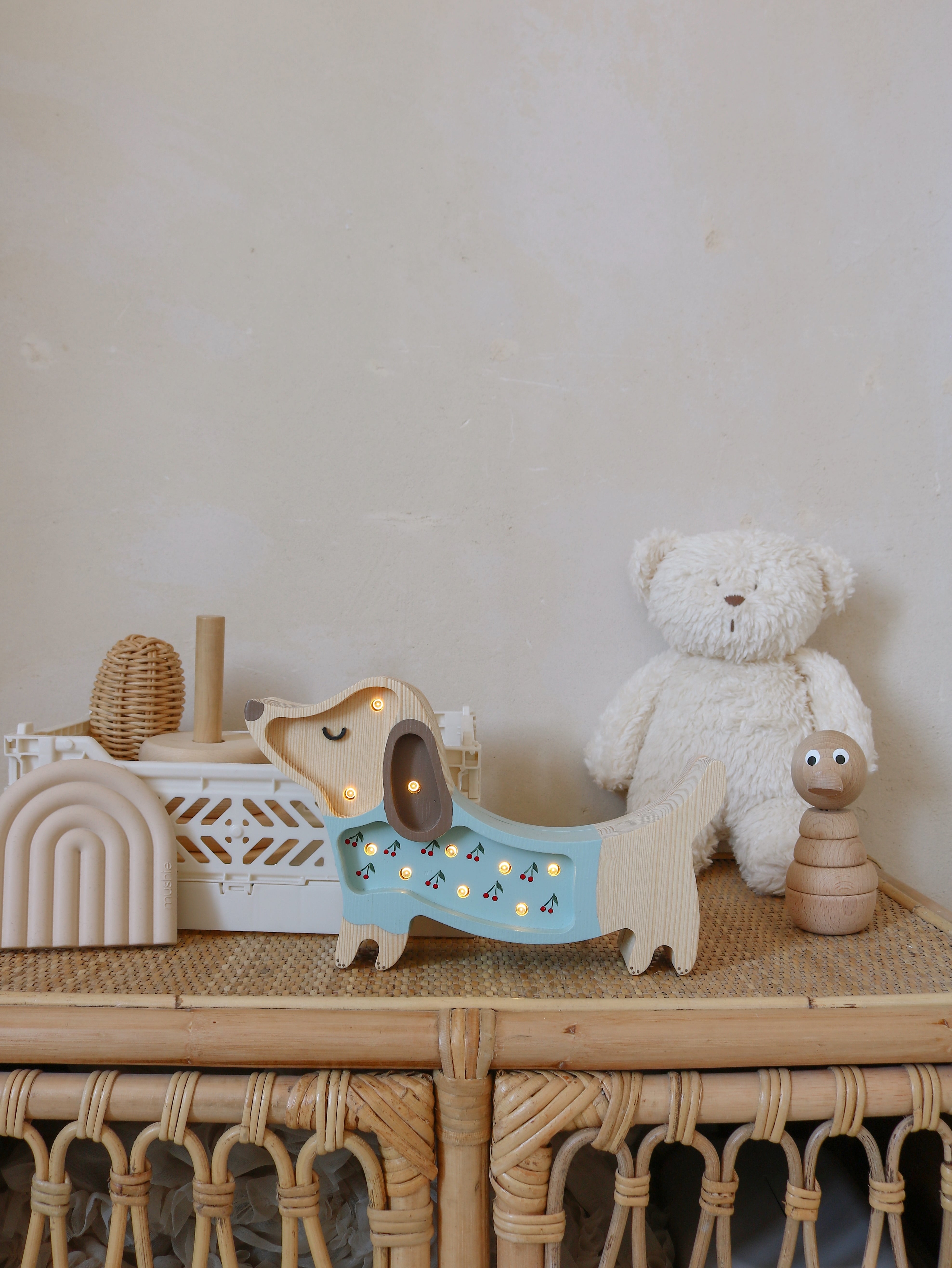 Little Lights Mini Puppy Lamp Cherries on Blue — wooden handmade dimmable LED night light, sweet baby nursery gift