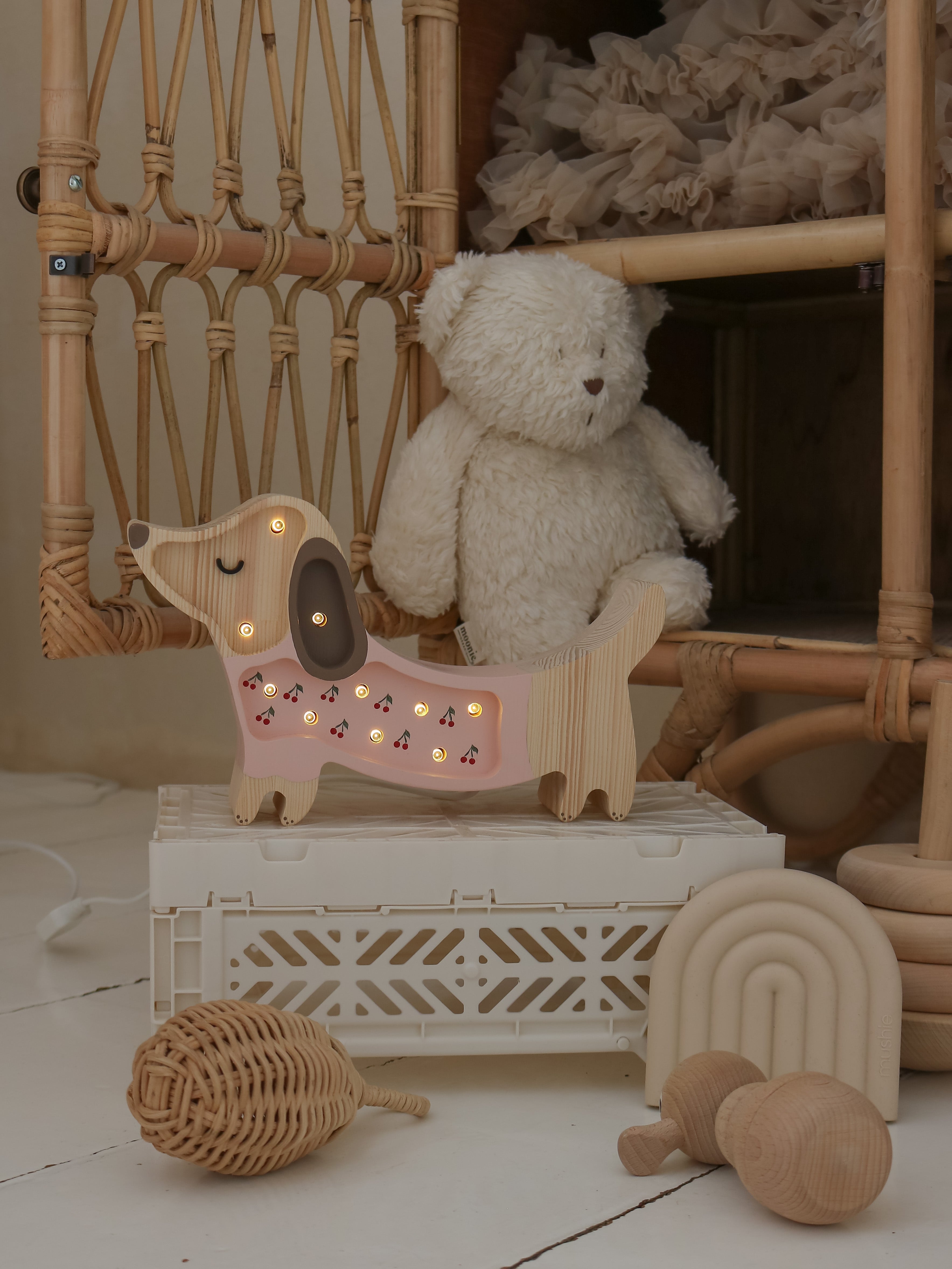 Little Lights Mini Puppy Lamp Cherries on Pink — handmade dimmable LED lamp with remote, charming nursery gift