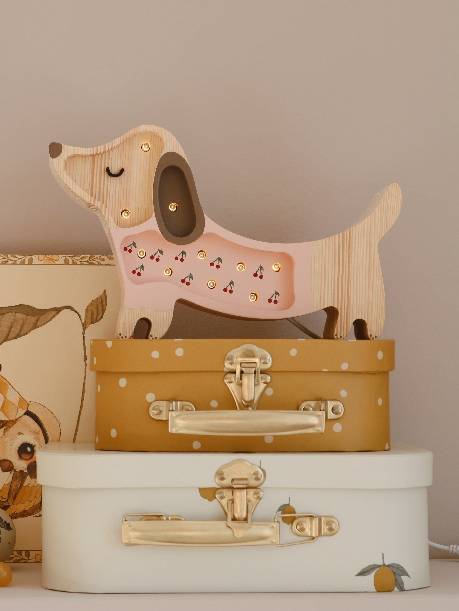 Little Lights Mini Puppy Cherries on Pink — wooden dimmable LED night light for baby nursery and kids’ décor