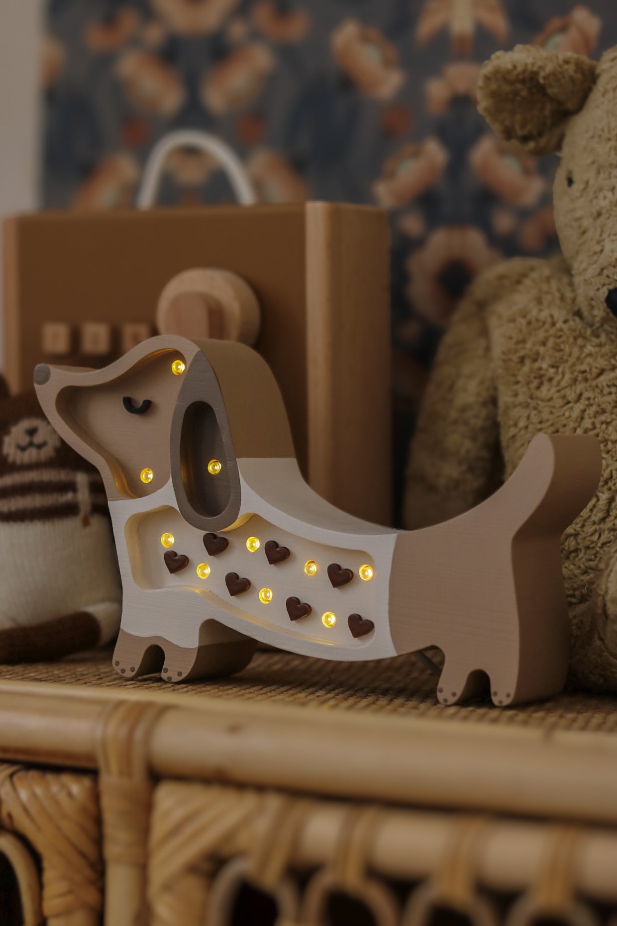 Little Lights Mini Puppy Lamp Chocolate Heart — wooden LED lamp bringing warm ambiance to baby rooms
