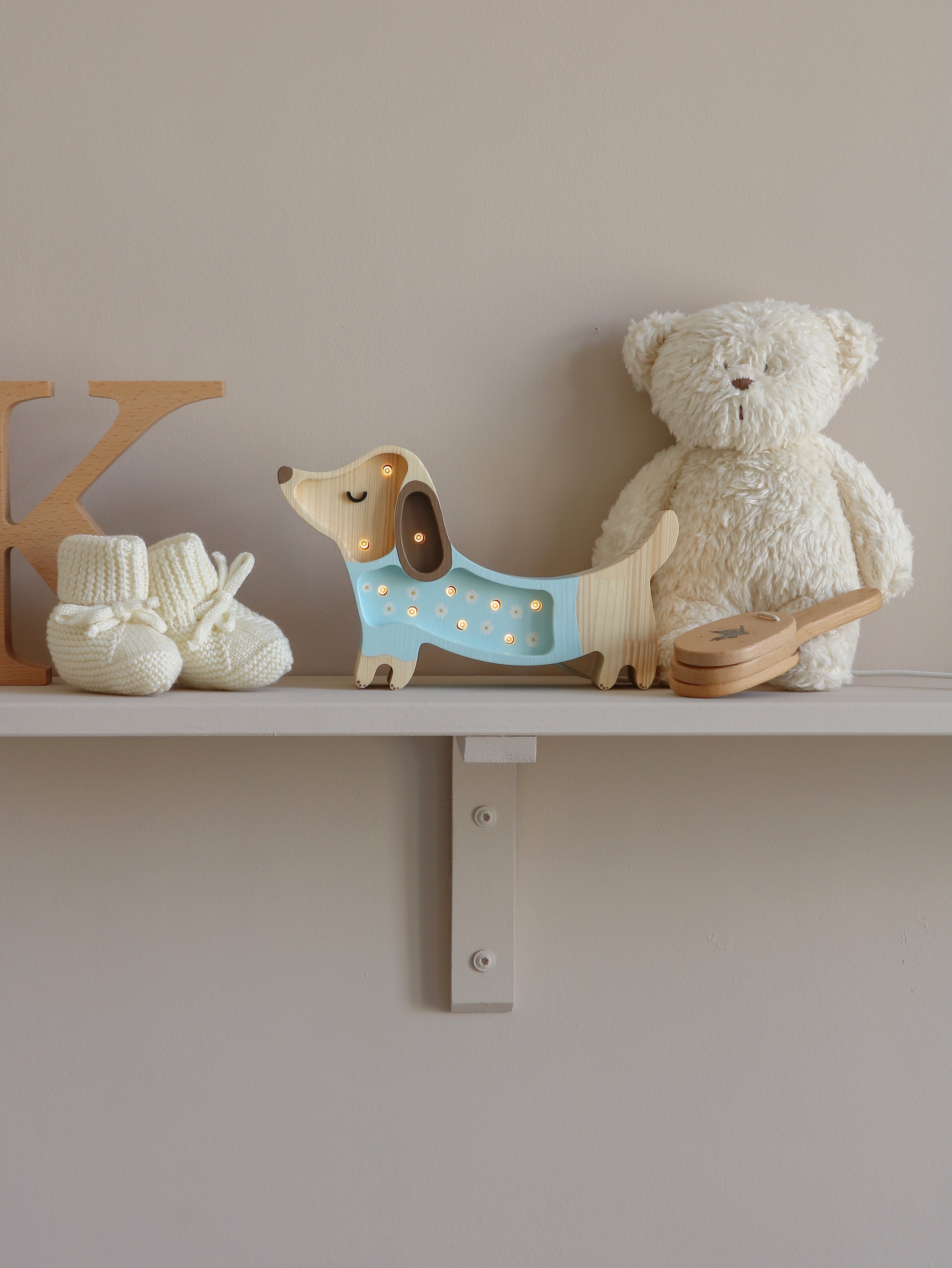 Little Lights Daisy on Blue Mini Puppy Lamp — handmade wooden nursery light and baby room décor
