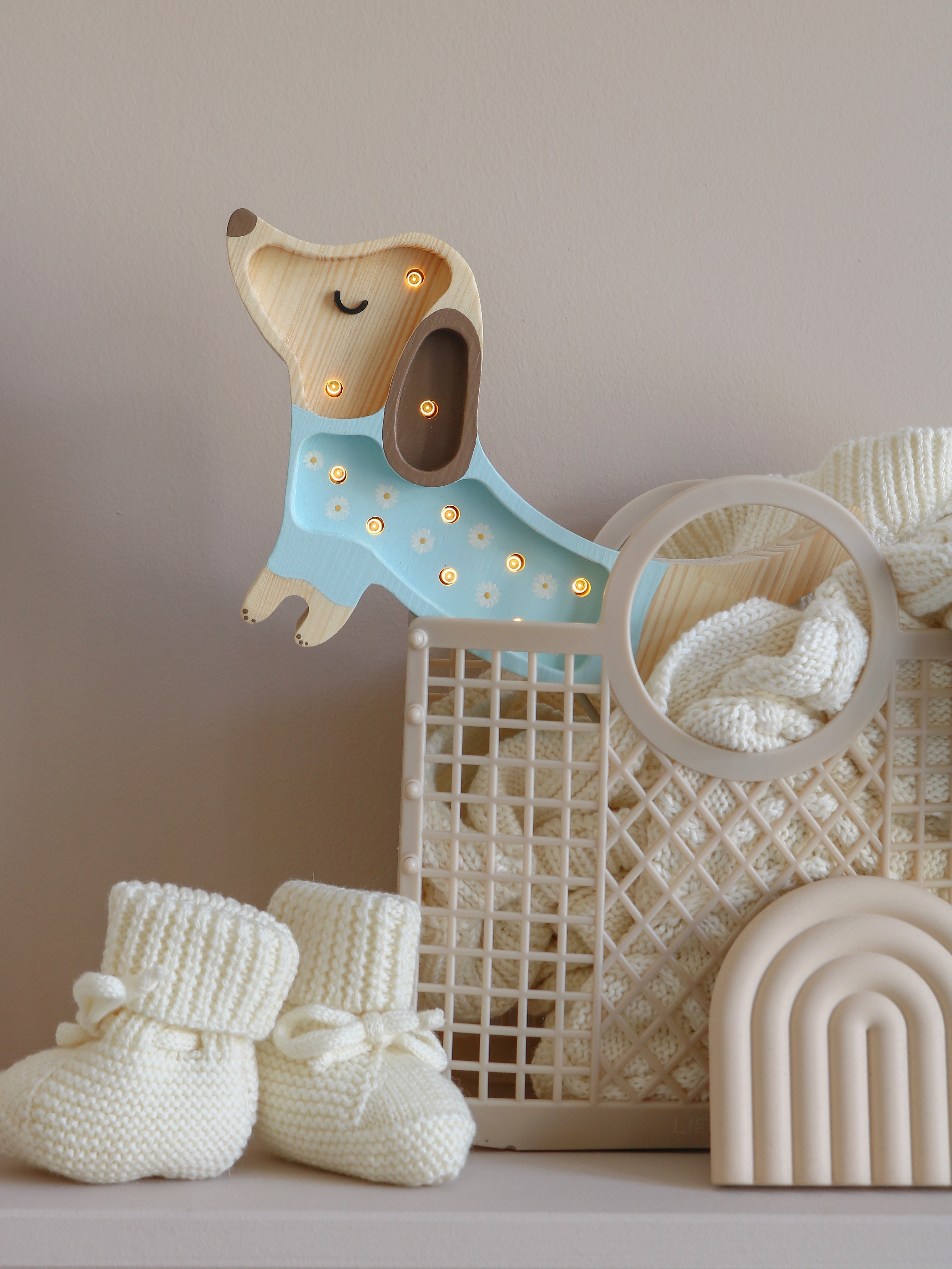 Little Lights Mini Puppy Lamp Daisy on Blue — wooden LED floral-themed night light for kids