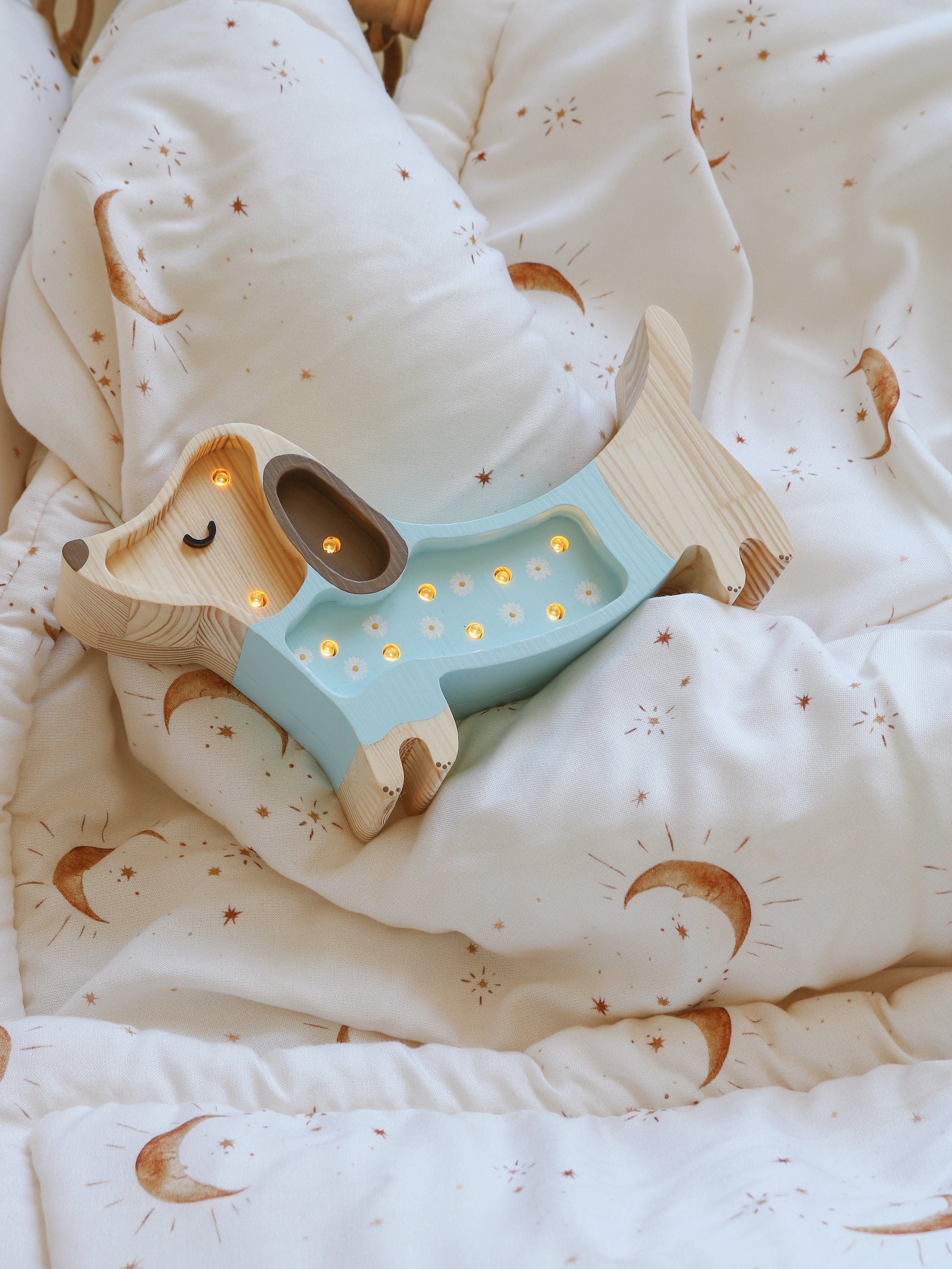 Little Lights Mini Puppy Daisy on Blue — wooden LED lamp, charming floral-themed gift for babies