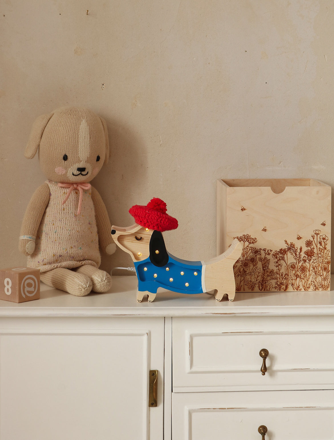 Little Lights Mini Puppy French Style — wooden LED lamp, elegant gift for babies and kids